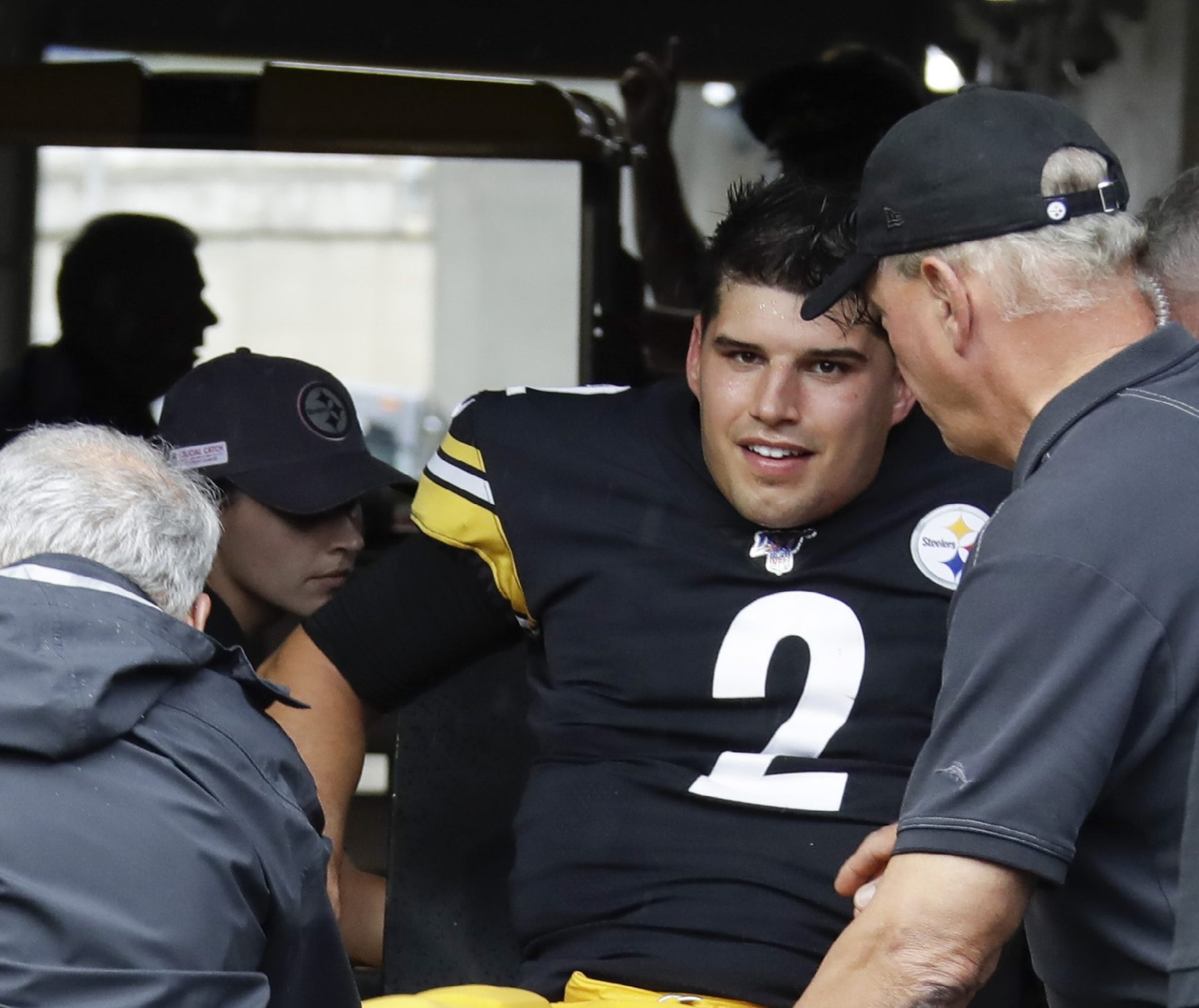 Pittsburgh Steelers quarterback Mason Rudolph (2) is helped from the field after he was injured in the second half of an NFL football game against the Baltimore Ravens, Sunday, Oct. 6, 2019, in Pittsburgh.