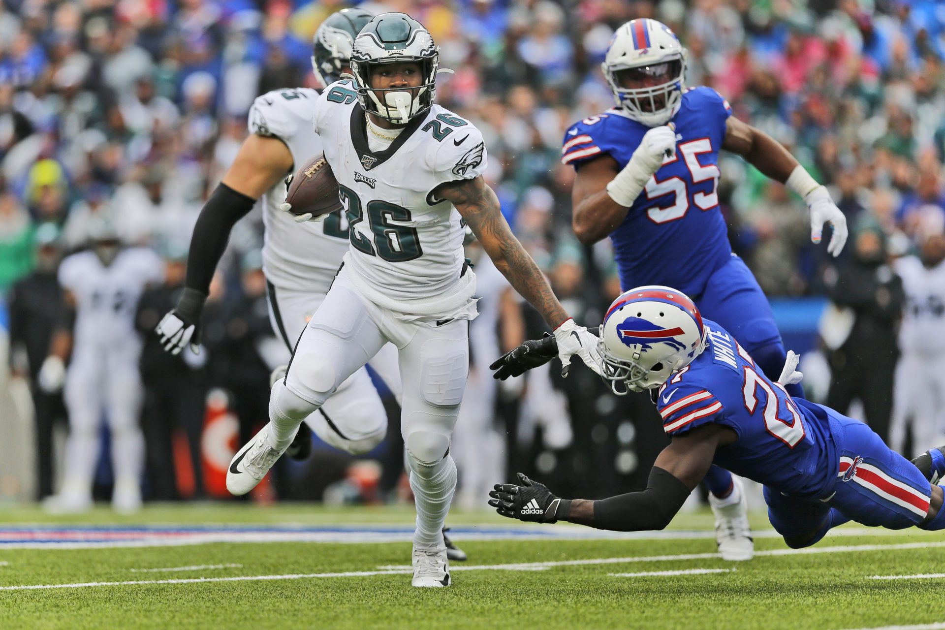 Philadelphia Eagles' Miles Sanders runs the ball during the first half of an NFL football game against the Buffalo Bills, Sunday, Oct. 27, 2019, in Orchard Park, N.Y.