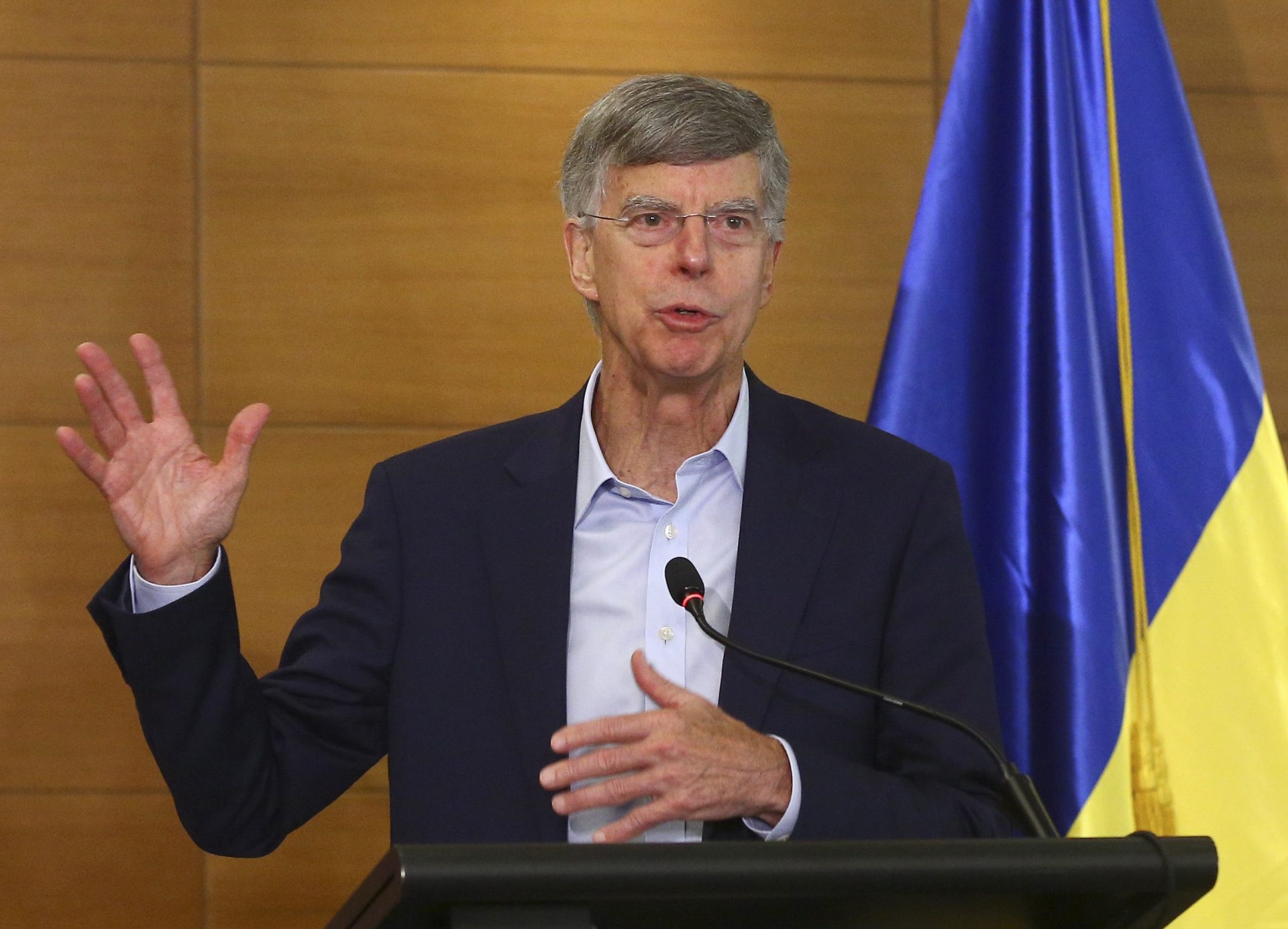 In this file photo taken on July 27, 2019, US Ambassador in Ukraine William Taylor speaks during a briefing in Kyiv, Ukraine. William Taylor, the top American diplomat in Ukraine, is set to appear Tuesday before impeachment investigators in U.S. Congress, joining a parade of current and former diplomats testifying about Trump's dealings with Ukraine.