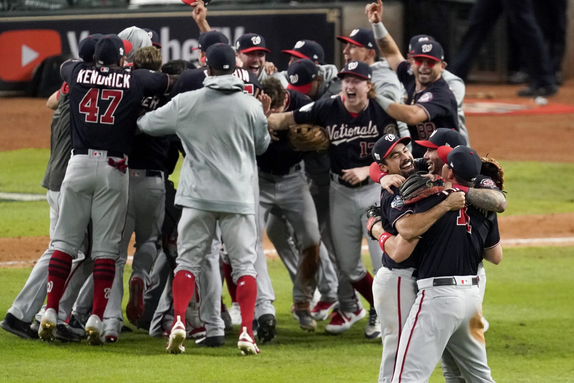 Washington Nationals celebrate after Game 7 of the baseball World Series against the Houston Astros Wednesday, Oct. 30, 2019, in Houston. The Nationals won 6-2 to win the