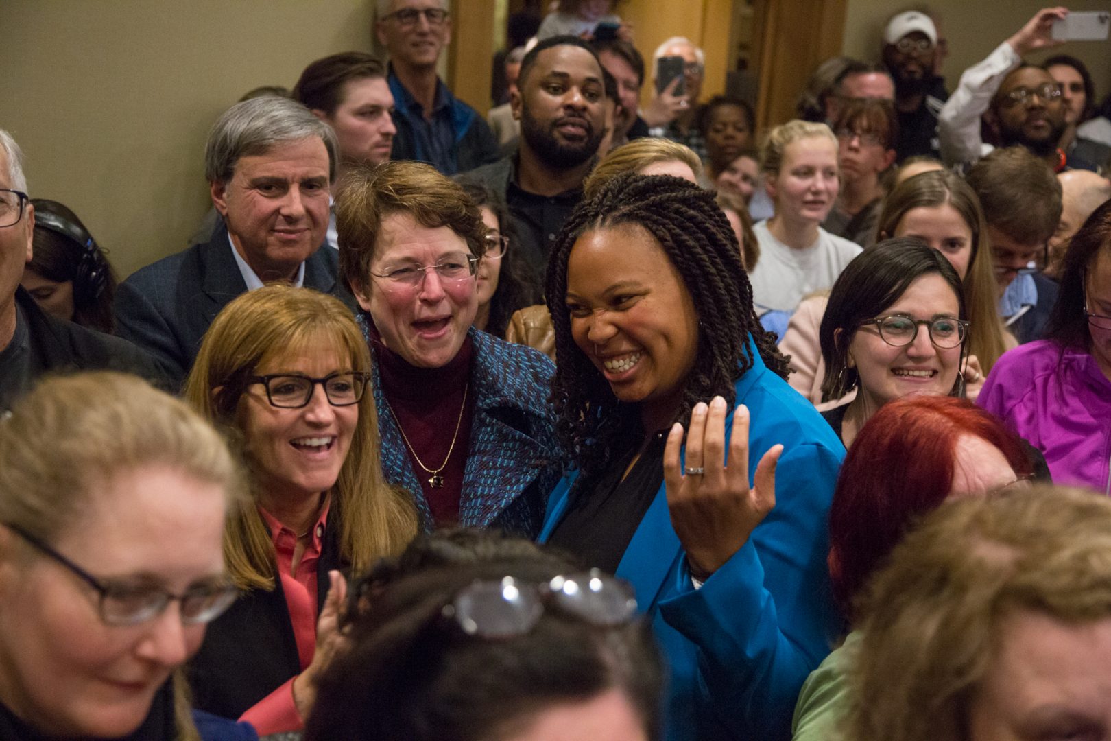 Elaine Paul Schaefer (left center), Christine Reuther, and Monica Taylor celebrate their historic win for the 3 open seats on the Delaware County city council. Their win flips the majority on the council for the first time in county history. They celebrated at the Democratic election night party in Swarthmore November 5th 2019.