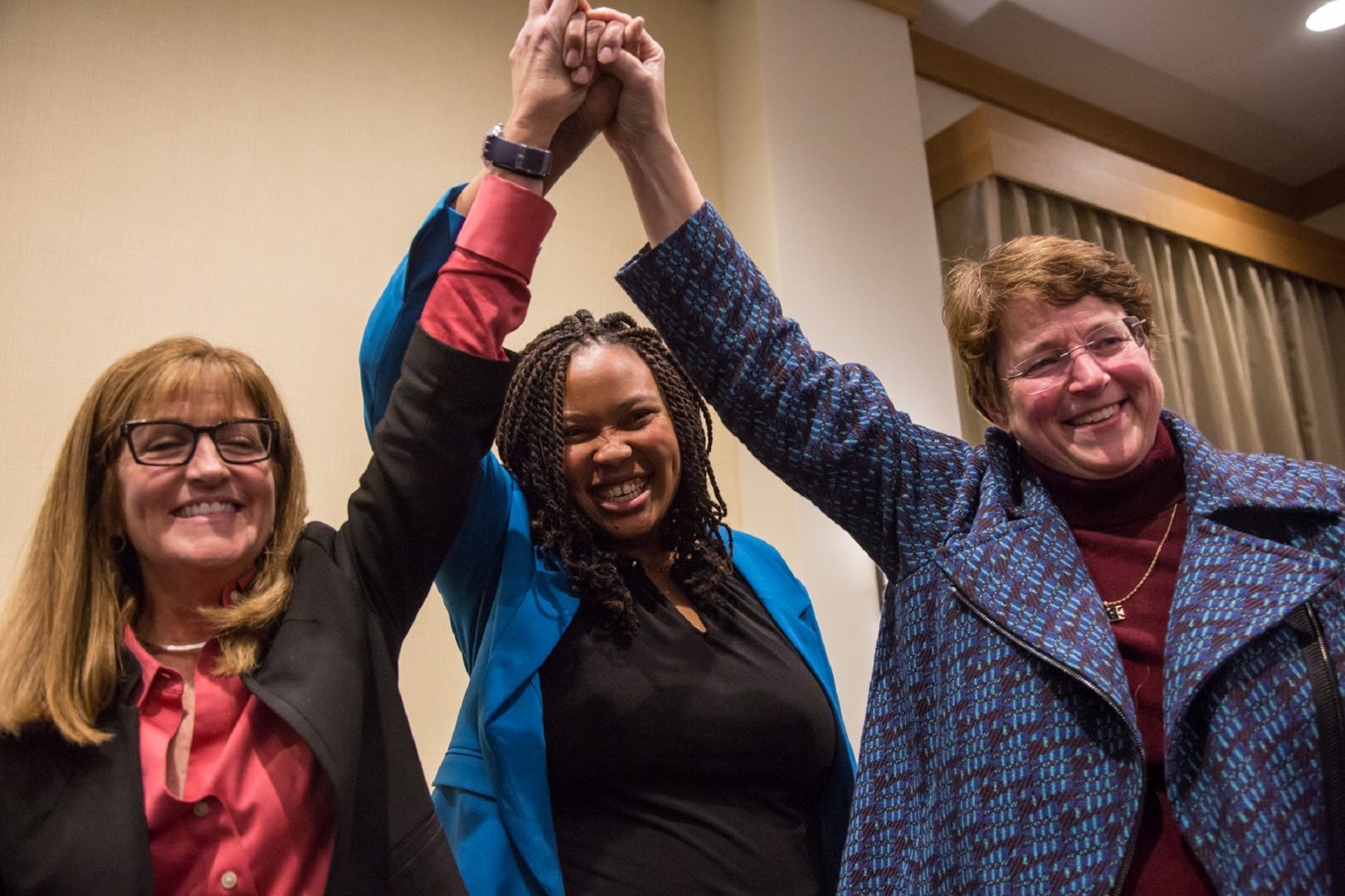 Democrats (from left) Elaine Paul Schaefer, Monica Taylor, and Christine Reuther celebrate their sweep of the three open seats on the Delaware County Council. Their win flips the majority on the council for the first time in county history. They celebrated at the Democratic election night party in Swarthmore November 5, 2019. 