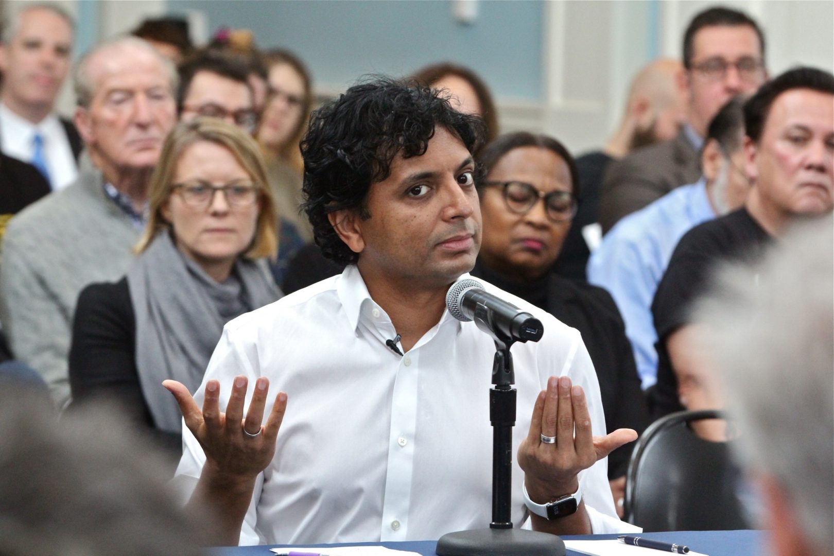 Filmmaker M. Night Shyamalan testifies in support of film tax credits during a hearing before the Pennsylvania House Democratic Policy Committee, held at the Museum of the American Revolution in Philadelphia. 