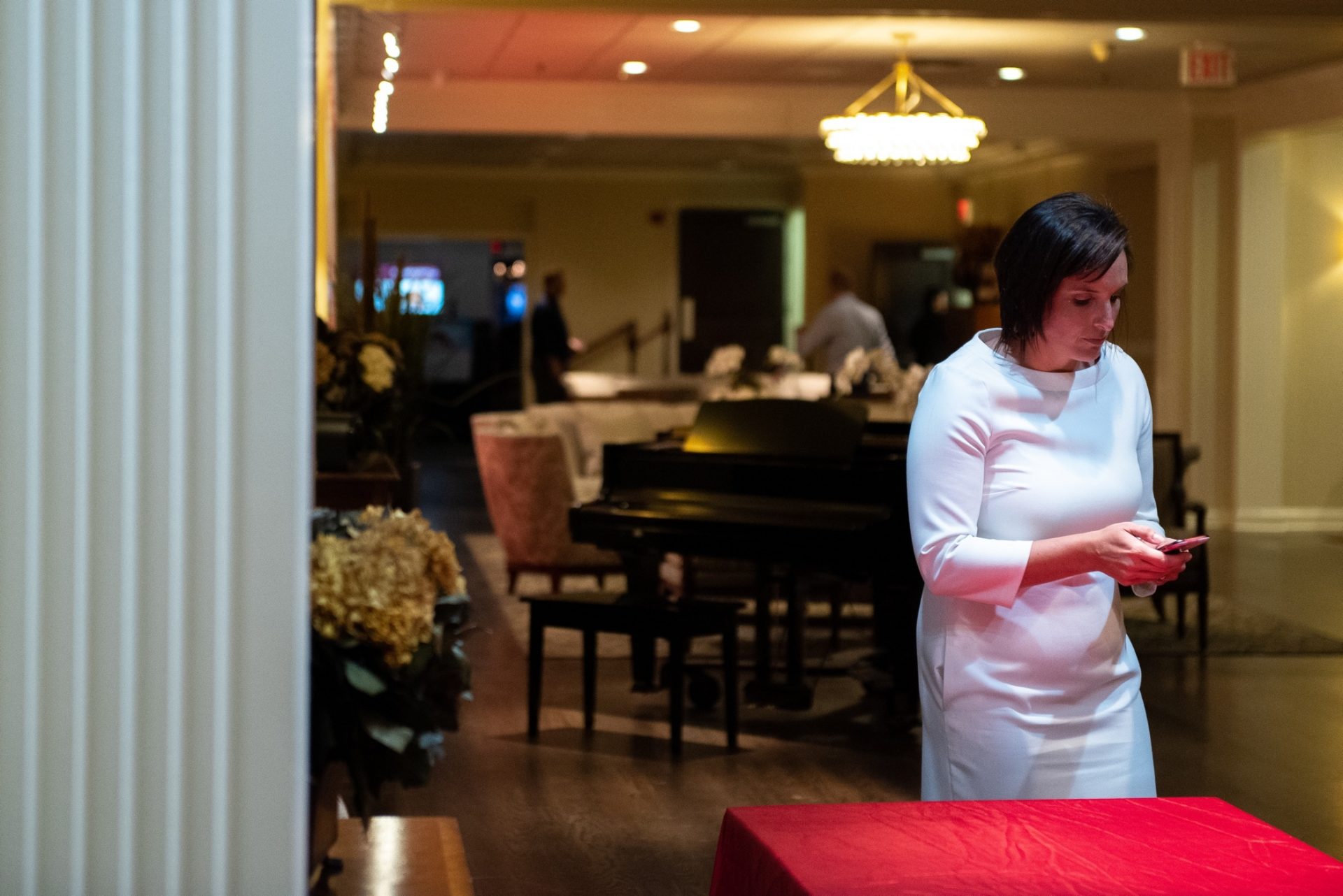 Kelly Colvin, Republican candidate for Delaware County Commissioner, checks her phone on election night at Springfield Country Club on Tuesday, November 5, 2019.