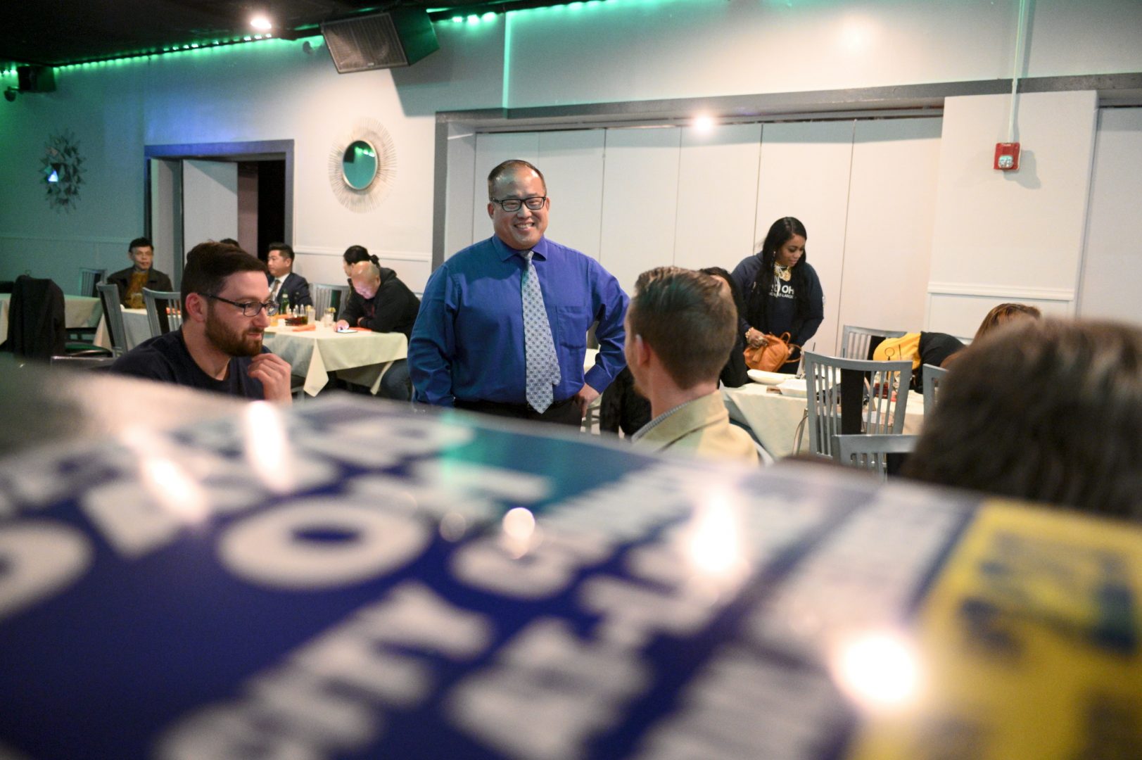 Results are coming in at a watch party for Incumbent Councilman at-large Republican David Oh, at Dimensions Sports Bar, in NorthEast Philadelphia, PA on November 5, 2019.