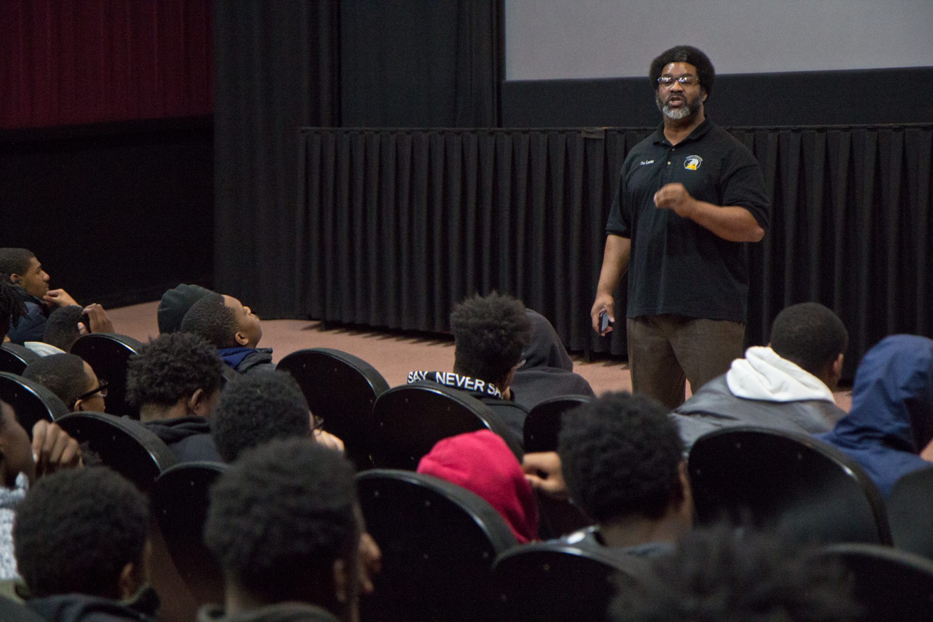 Sharif El-Mekki talks to Philly students at the UA River View movie theater after a viewing of Kasi Lemmon’s “Harriet.”