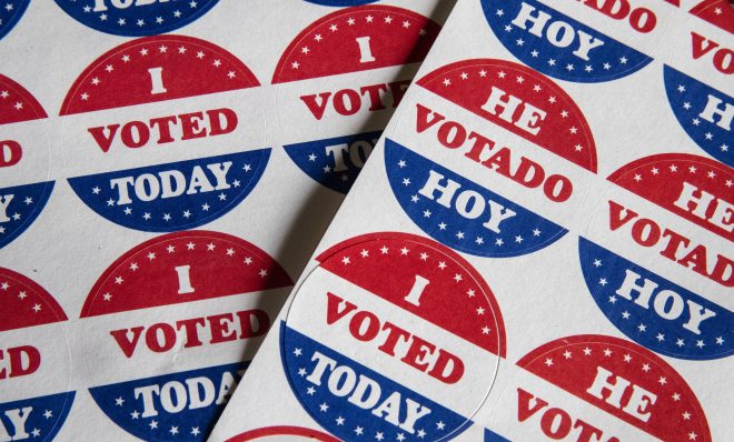 Stickers reading "I VOTED TODAY" and "HE VOTADO HOY" are place out for voters at a polling station on Election Day, Tuesday, Nov. 5, 2019 in Philadelphia.