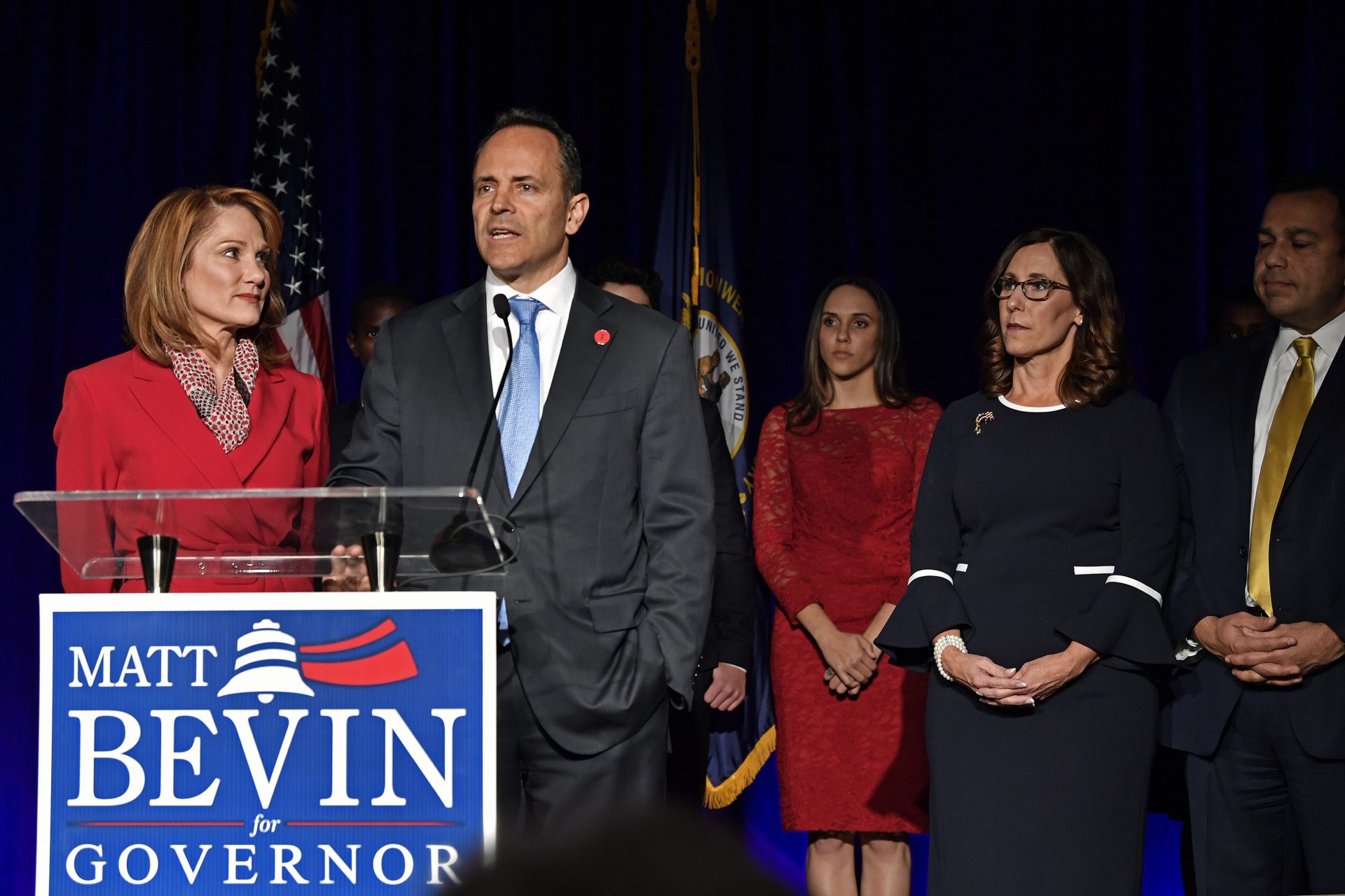 Kentucky Gov. Matt Bevin, right, with his wife Glenna, speaks to supporters gathered at the republican party celebration event in Louisville, Ky., Tuesday, Nov. 5, 2019.