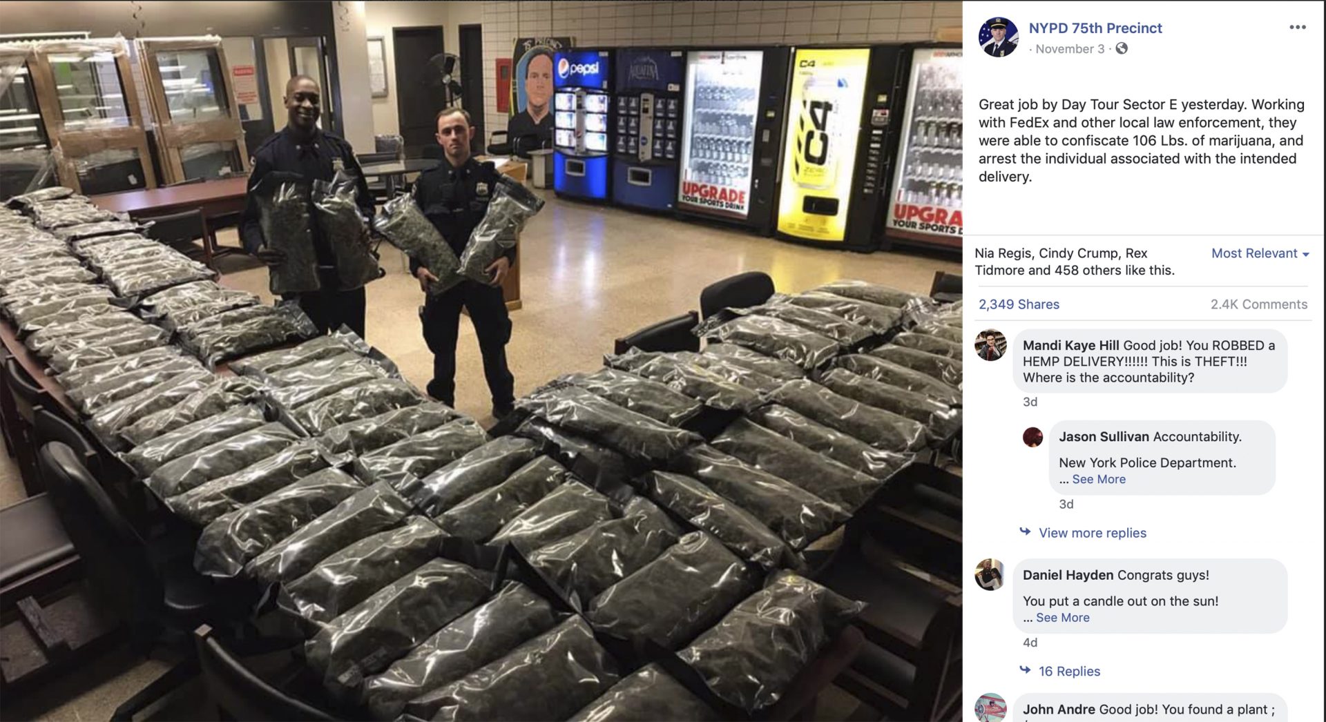 In this undated photo taken from the New York Police Department Facebook page,  officers stand by what NYPD thought was marijuana when they confiscated in the Brooklyn borough of New York on Saturday, Nov. 2, 2019, at the 75th Precinct of the NYPD in New York. The Vermont farm that grew the plants and the Brooklyn CBD shop that ordered them insist they're not pot, but legal industrial hemp.