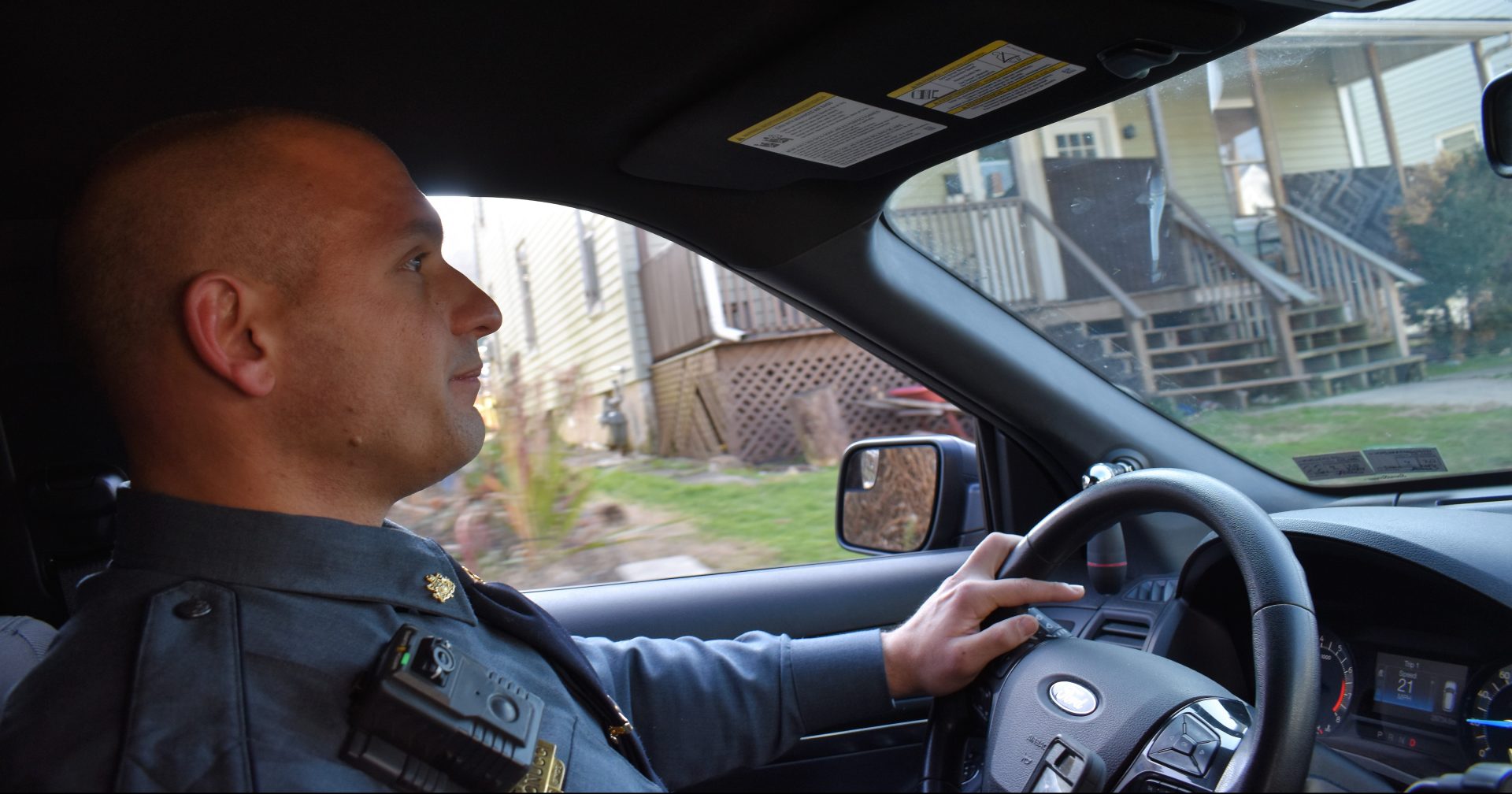 Corporal Paul Antonucci drives back to the City of Coatesville Police Department headquarters after responding to a report of unattended children on Nov. 19, 2019.