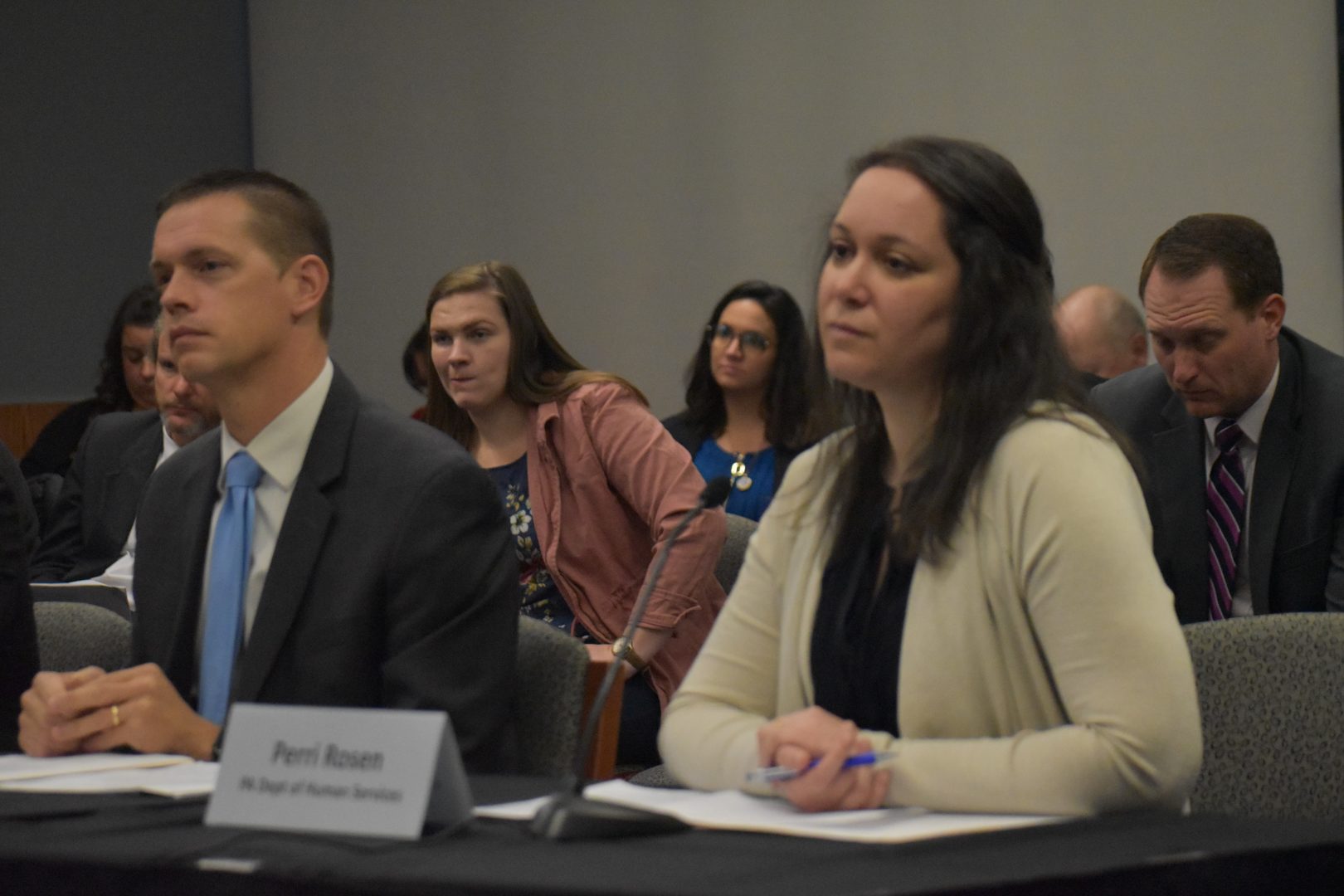 Matthew Wintersteen, left, and Perri Rosen, right, experts on suicide prevention, listen during a gun violence hearing in York on Nov. 22, 2019.