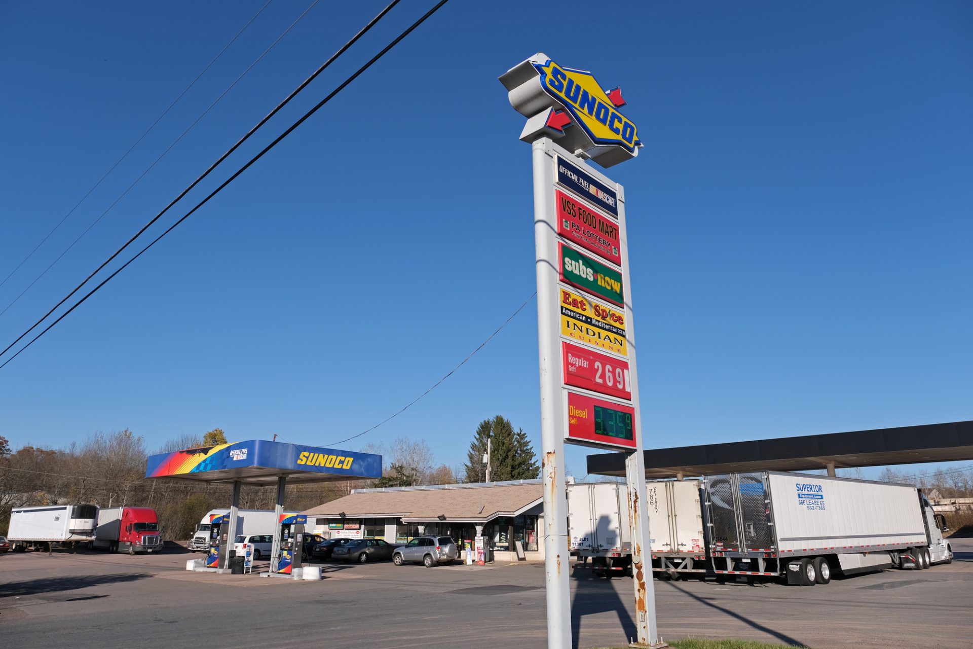 A look at the exterior of Eat Spice on Oct. 24, 2019, in the truck stop on route 534 off I-80 in White Haven, Pennsylvania. The restaurant caters to members of the Sikh community and as there is a large population of truckers from that community, the Indian Dhaba and Mediterranean dishes become hard to find on the road.