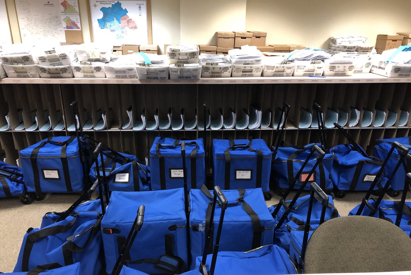 Bags for ballots sit in the York County elections office on Nov. 6, 2019.