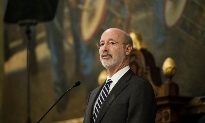 Democratic Gov. Tom Wolf delivers his budget address for the 2019-20 fiscal year to a joint session of the Pennsylvania House and Senate in Harrisburg, Pa., Tuesday, Feb. 5, 2019. (AP Photo/Matt Rourke)