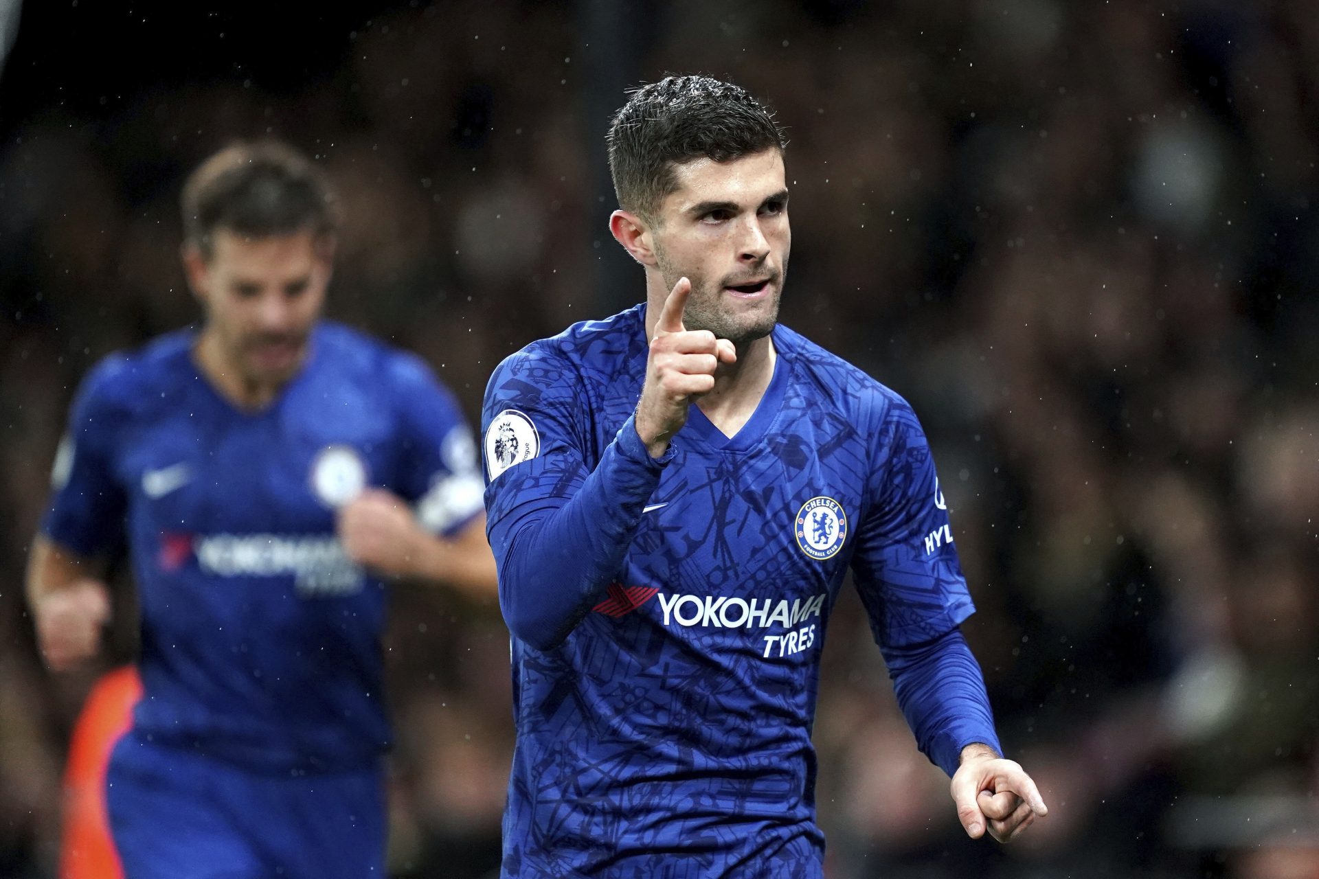 Chelsea's Christian Pulisic celebrates scoring against Watford during the English Premiership League soccer match at Vicarage Road, Watford, England, Saturday Nov. 2, 2019.