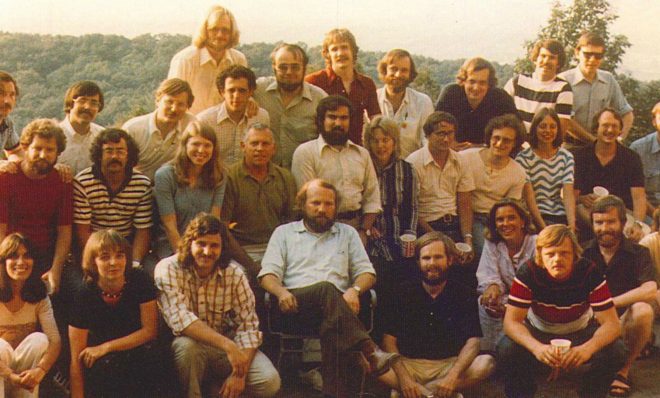 The team known informally as the "environmental strike force," in 1974. Front row, left to right: Elissa Parker; Barb Brandon; Pat McGinley; Bill Eichbaum; Jack Krill; Betsy McCoubrey; Tom Burke; Dennis Coyne; Dennis Strain. Second row, left to right: Eric Pearson; Paul Burroughs; Maxine Woelfling; Bill Oberdorfer; John Carroll; Karin Carter; Tom Oravetz; Bob Shusterman; Fran Dubrowski; Dennis Harnish; Ward Kelsey. Back row, left to right: Gene Dice; Tim Weston; Doug Blazey; Doug White (behind Blazey); Drew Dorfman; Dick Ehmann; Terry Bossert; Bob Yuhnke; Jim Rochow; Ralph Kates; Mike Alushin.