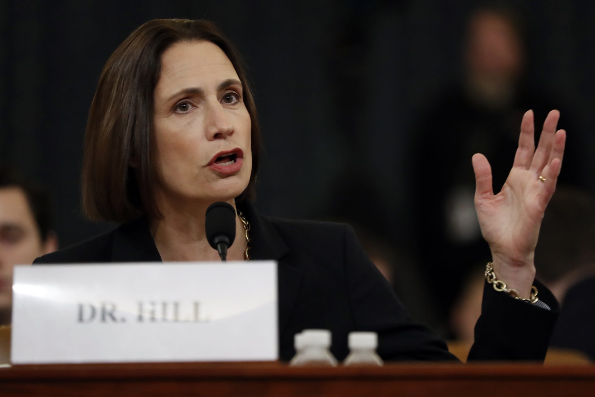 Former White House national security aide Fiona Hill testifies before the House Intelligence Committee on Capitol Hill in Washington, Thursday, Nov. 21, 2019, during a public impeachment hearing of President Donald Trump's efforts to tie U.S. aid for Ukraine to investigations of his political opponents.