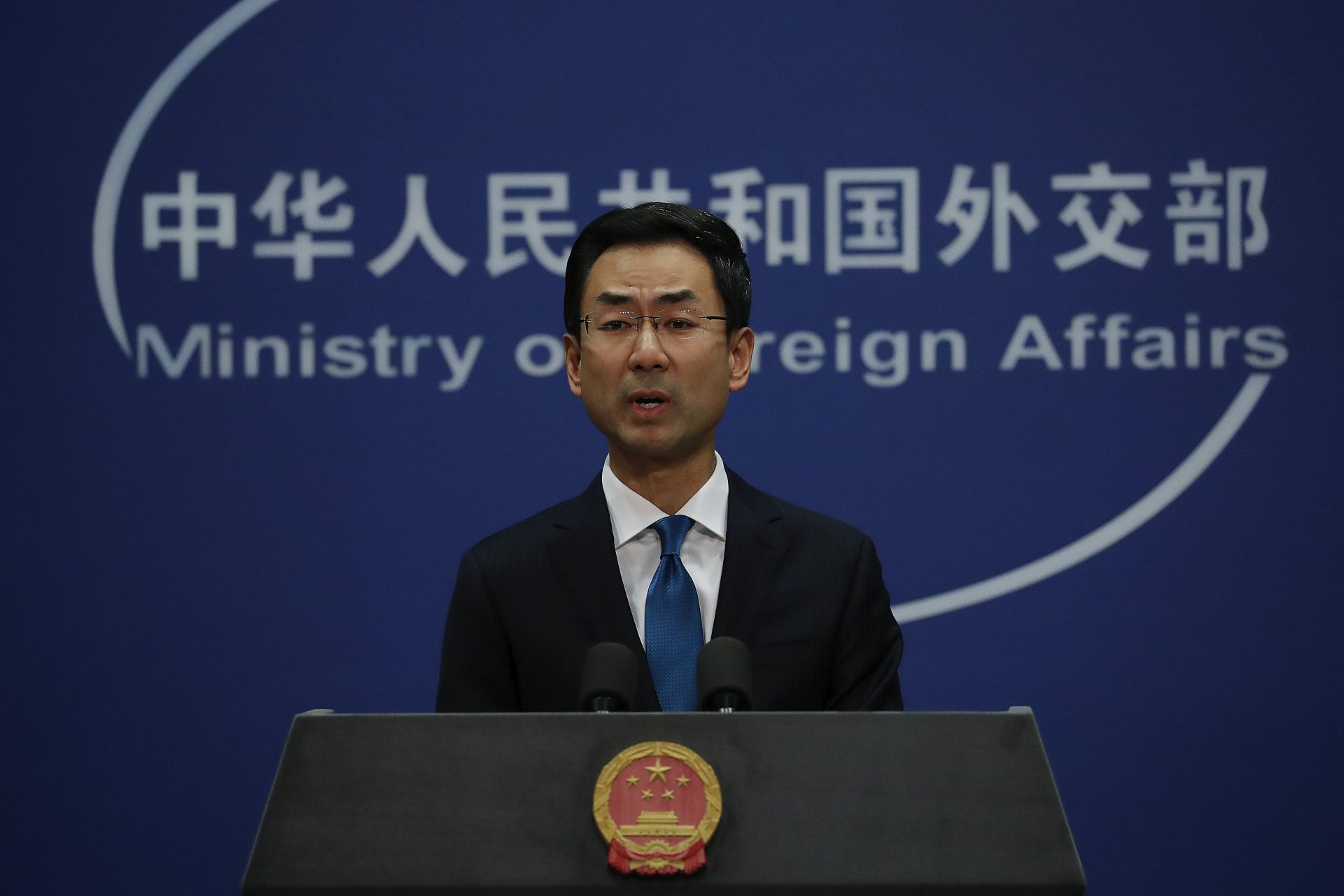 Chinese Foreign Ministry spokesman Geng Shuang speaks during a daily briefing at the Ministry of Foreign Affairs office in Beijing, Thursday, Nov. 28, 2019. China said the implementation of U.S. bills on Hong Kong human rights will undermine the two countries' "cooperation in important areas. Geng Shuang made the remarks at a press briefing on Thursday in response to a question about whether President Donald Trump's signing of the legislation will impact ongoing trade talks.