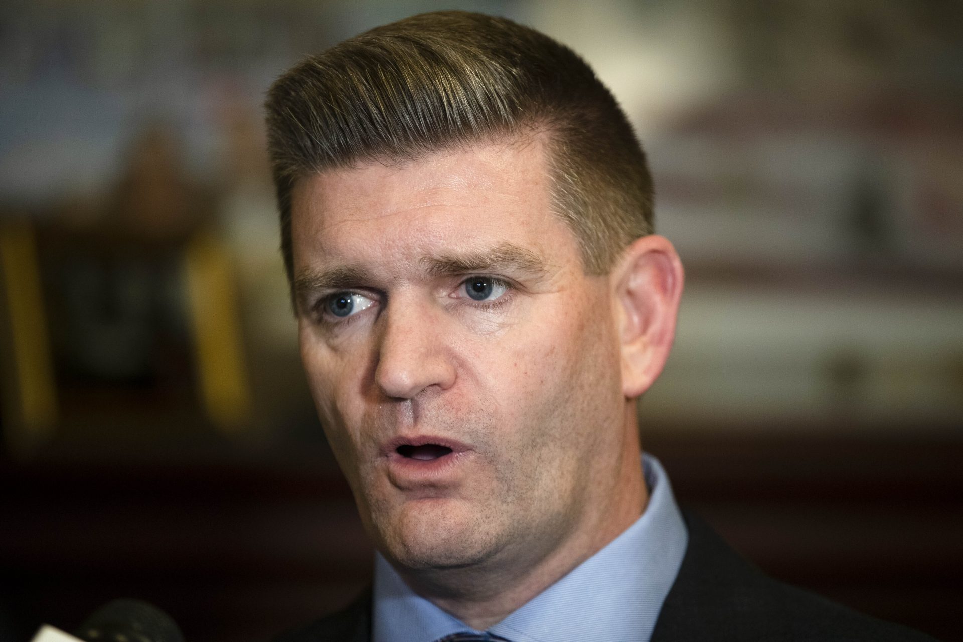 FILE PHOTO: In this Nov. 19, 2019 file photo Sen. John Yudichak of Luzerne County speaks with members of the media at the Pennsylvania Capitol in Harrisburg, Pa. The departure of Yudichak from the Democratic Party is changing the dynamics of next year's election, when Democrats had hoped to capture the chamber's majority, and it underscores rapidly shifting regional political allegiances in the presidential battleground state.