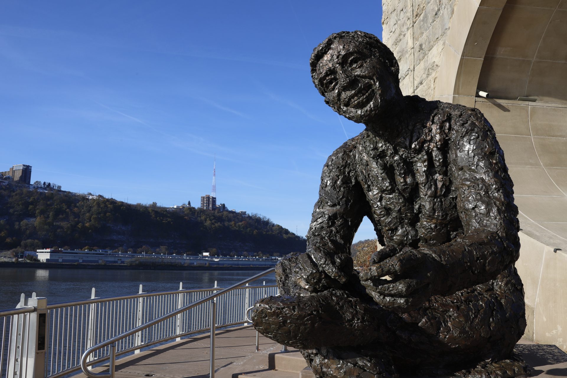 This Nov. 13, 2019 file photo shows a statue of Fred Rogers perched at the confluence of the Allegheny, Monongahela, and Ohio Rivers in the Northside of Pittsburgh.