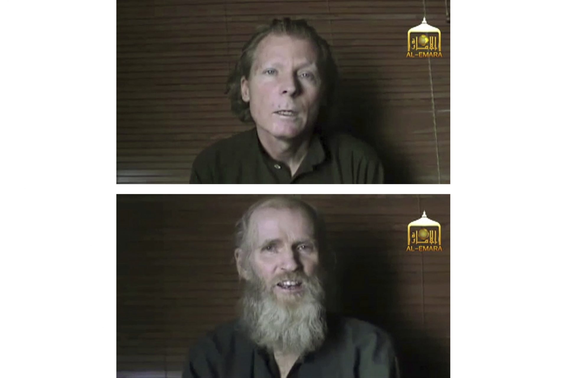 FILE PHOTO: This two photo combination image taken from video released June 21, 2017, by the Taliban spokesman Zabihullah Mujahid, shows kidnapped teachers Australian Timothy Weekes, top, and American Kevin King, who were both abducted by the insurgents in Afghanistan in August 2016. Three ranking Taliban prisoners released by the Kabul government have been flown to Qatar for an expected swap for the American and the Australian hostage held by the insurgents since their abduction in 2016, Taliban officials said Tuesday, Nov. 19, 2019.