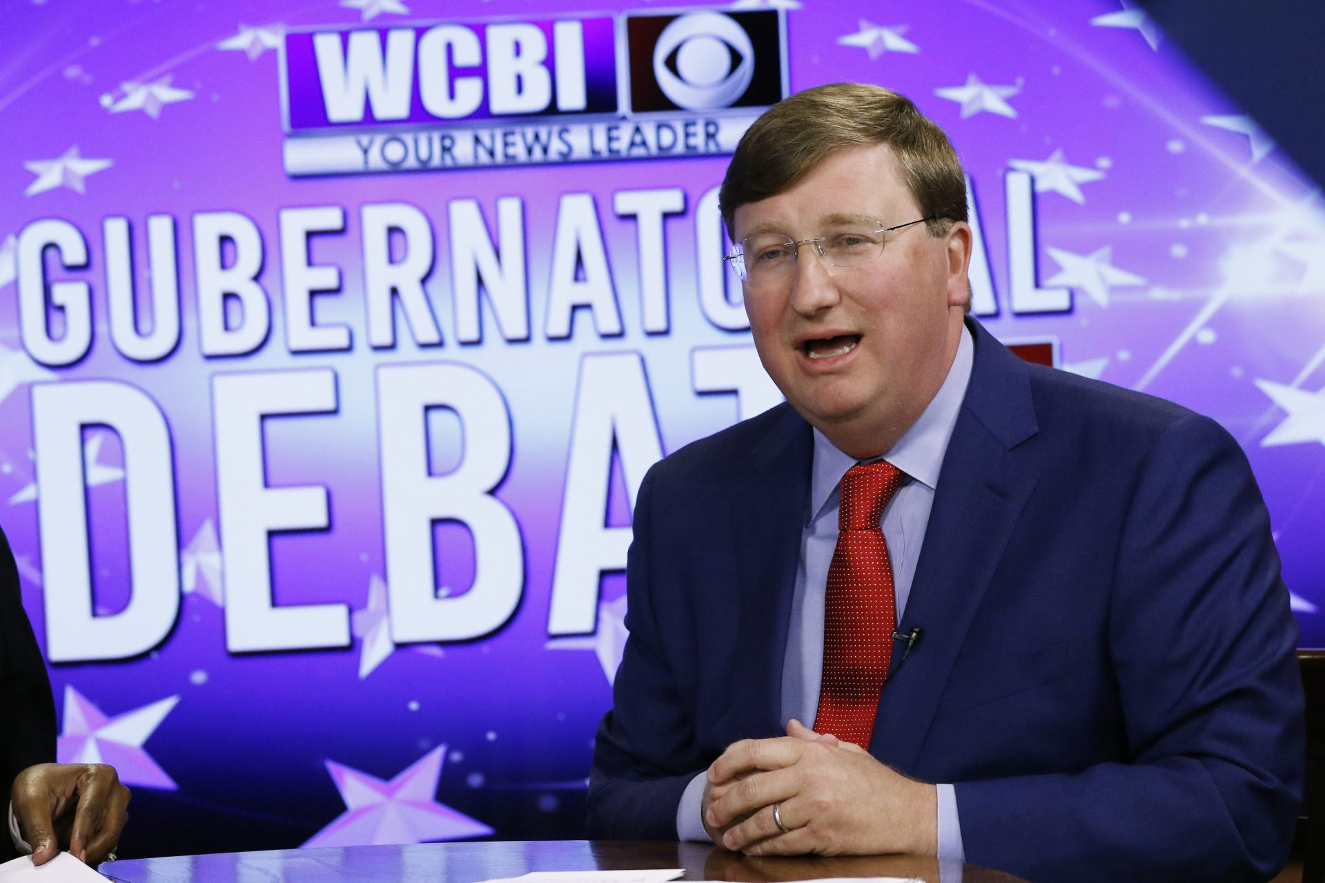 FILE PHOTO: Republican Lt. Gov. Tate Reeves responds to a question during the second televised gubernatorial debate with Democratic Attorney General Jim Hood, this time in the studios of WCBI-TV in Columbus, Miss., Monday, Oct. 14, 2019.