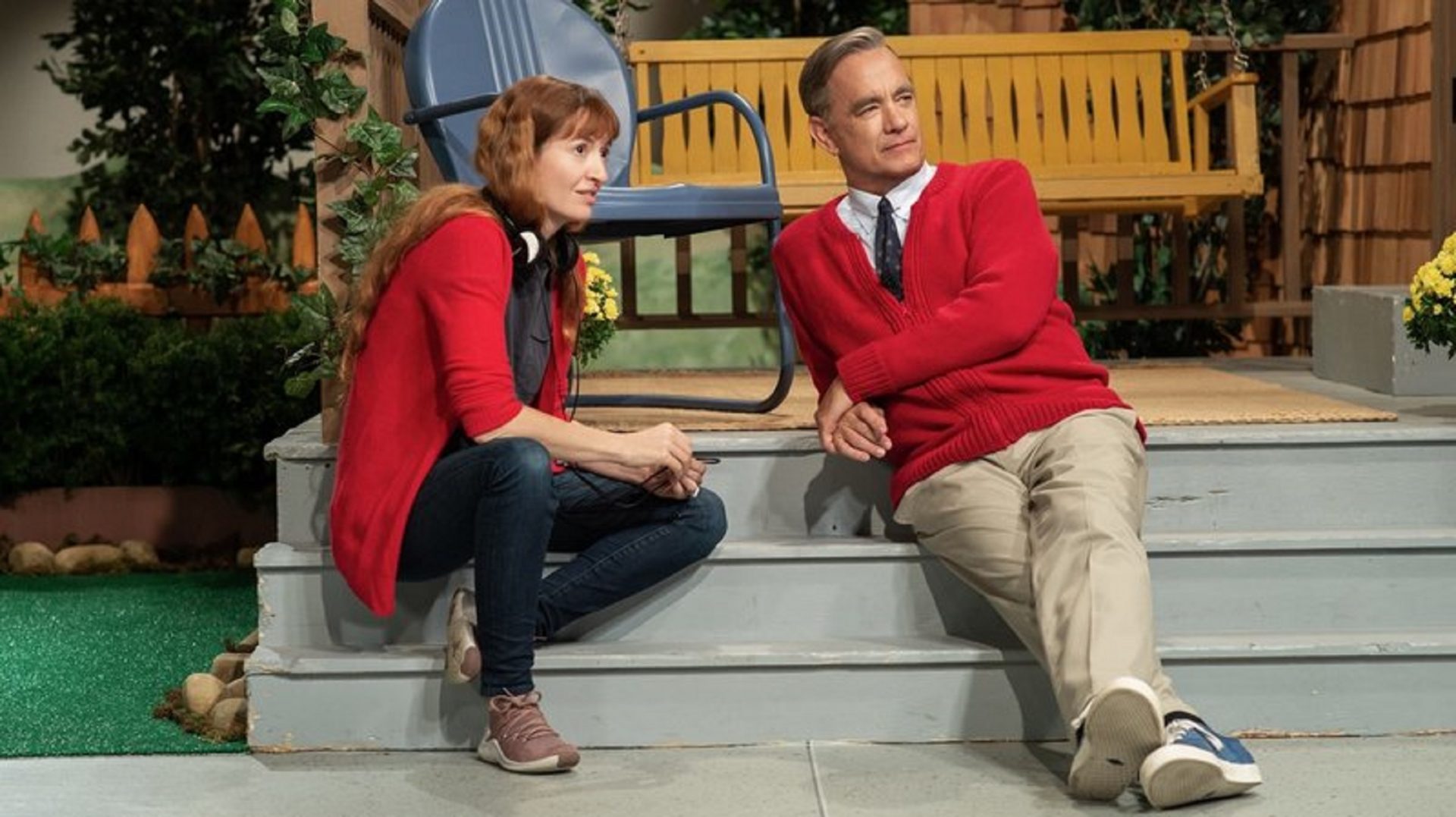 "The way the public feels about Tom Hanks has a similar quality to how we feel about Mister Rogers," says director Marielle Heller. But she found that Hanks and Rogers had a very different energy. At the beginning, she tried to "rein Tom's natural buoyancy back and settle him into a kind of zenlike state."