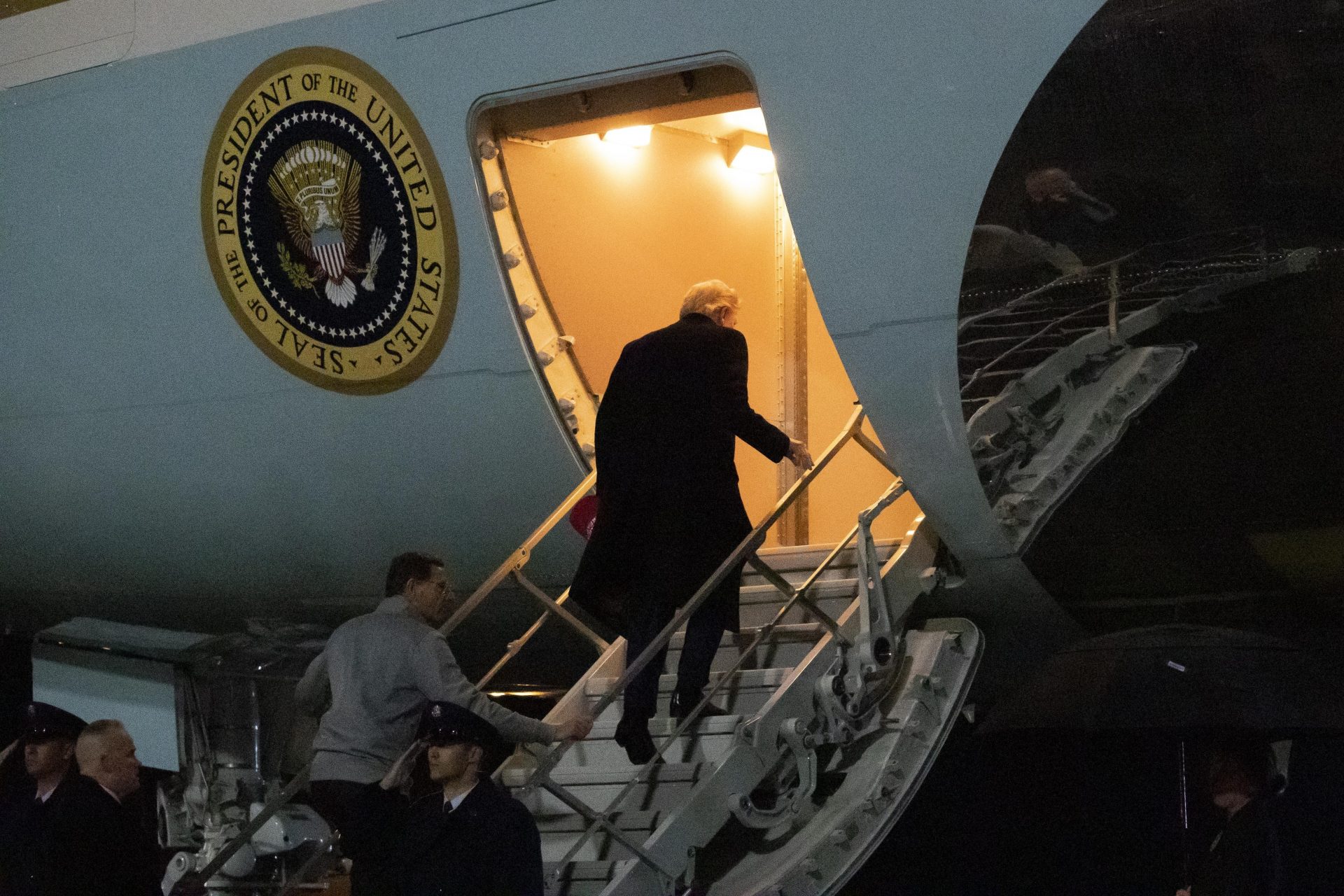 President Donald Trump boards Air Force One, Friday, Nov. 29, 2019, at Ramstein Air Field, Germany. Trump is en route back to his Mar-a-Lago estate in Palm Beach, Fla., after a surprise visit to Afghanistan.