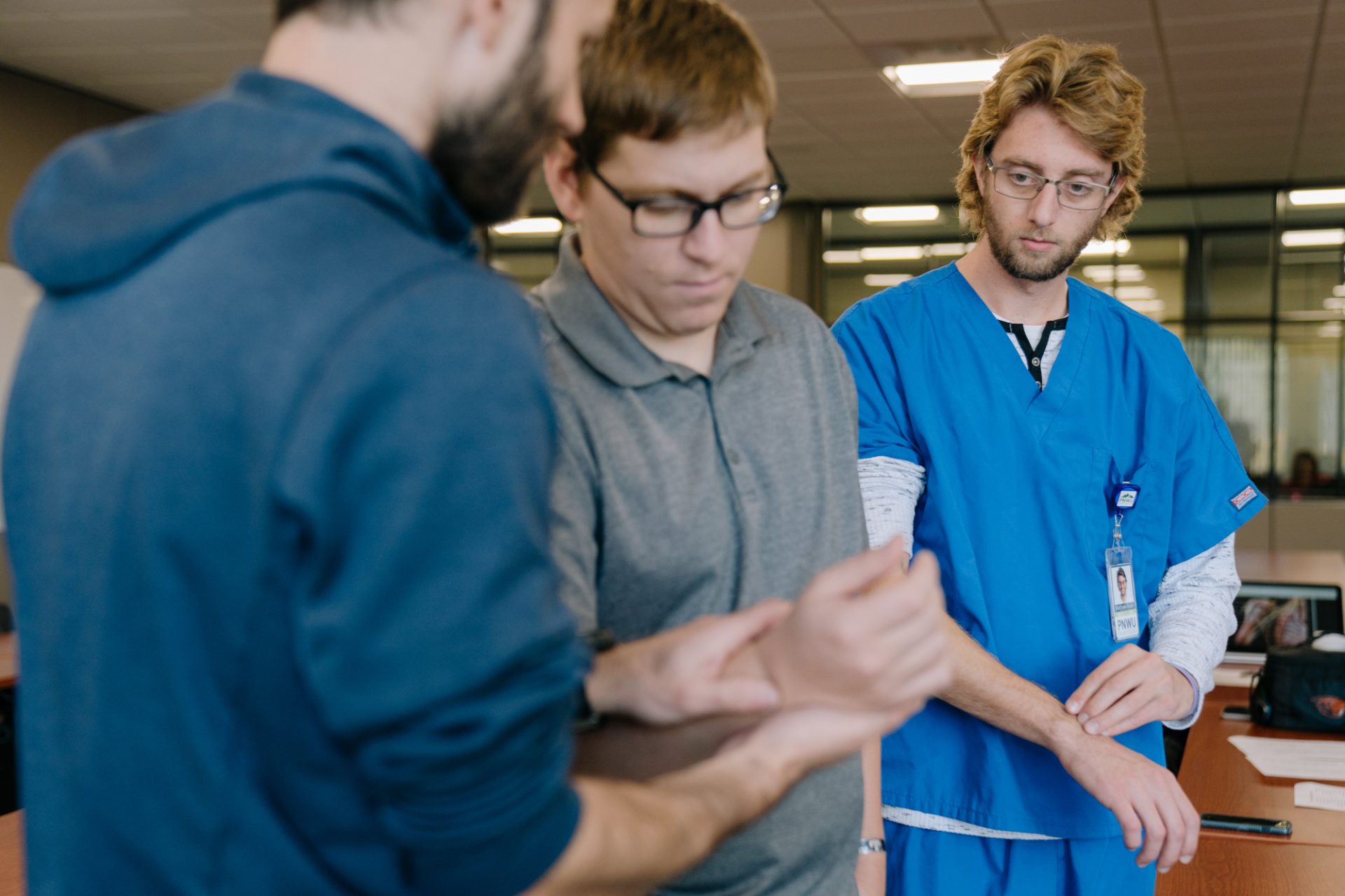 First-year medical student Matthew Braun (right) studies for an anatomy exam with classmates Jeremy Hinton (left) and Jon Hagan.