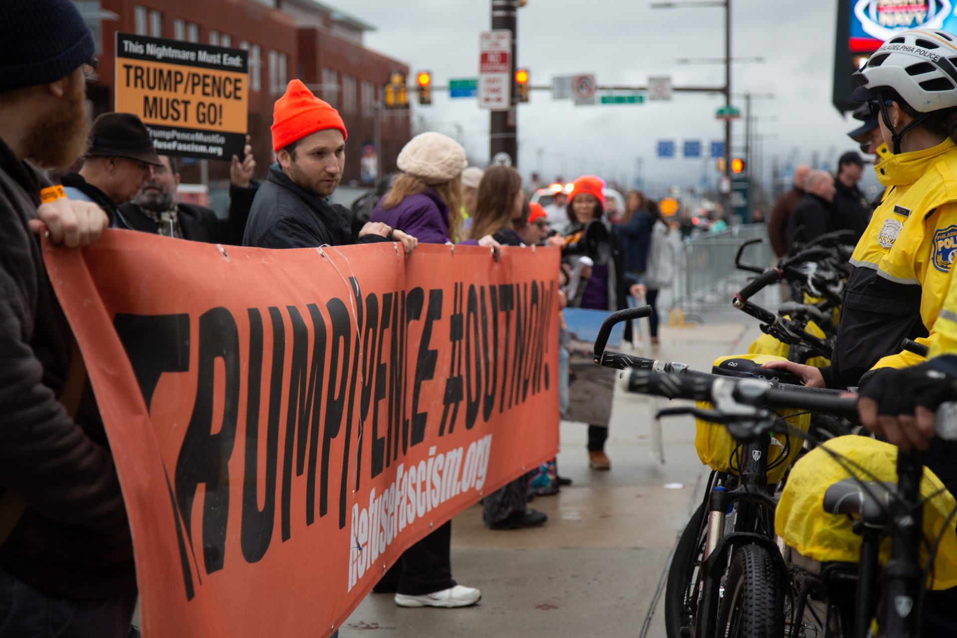 Members of Refuse Fascism Philly protested Trump outside of Lincoln Financial Field during the 120th Annual Army-Navy Game on December 14th 2019 in Philadelphia, PA. 