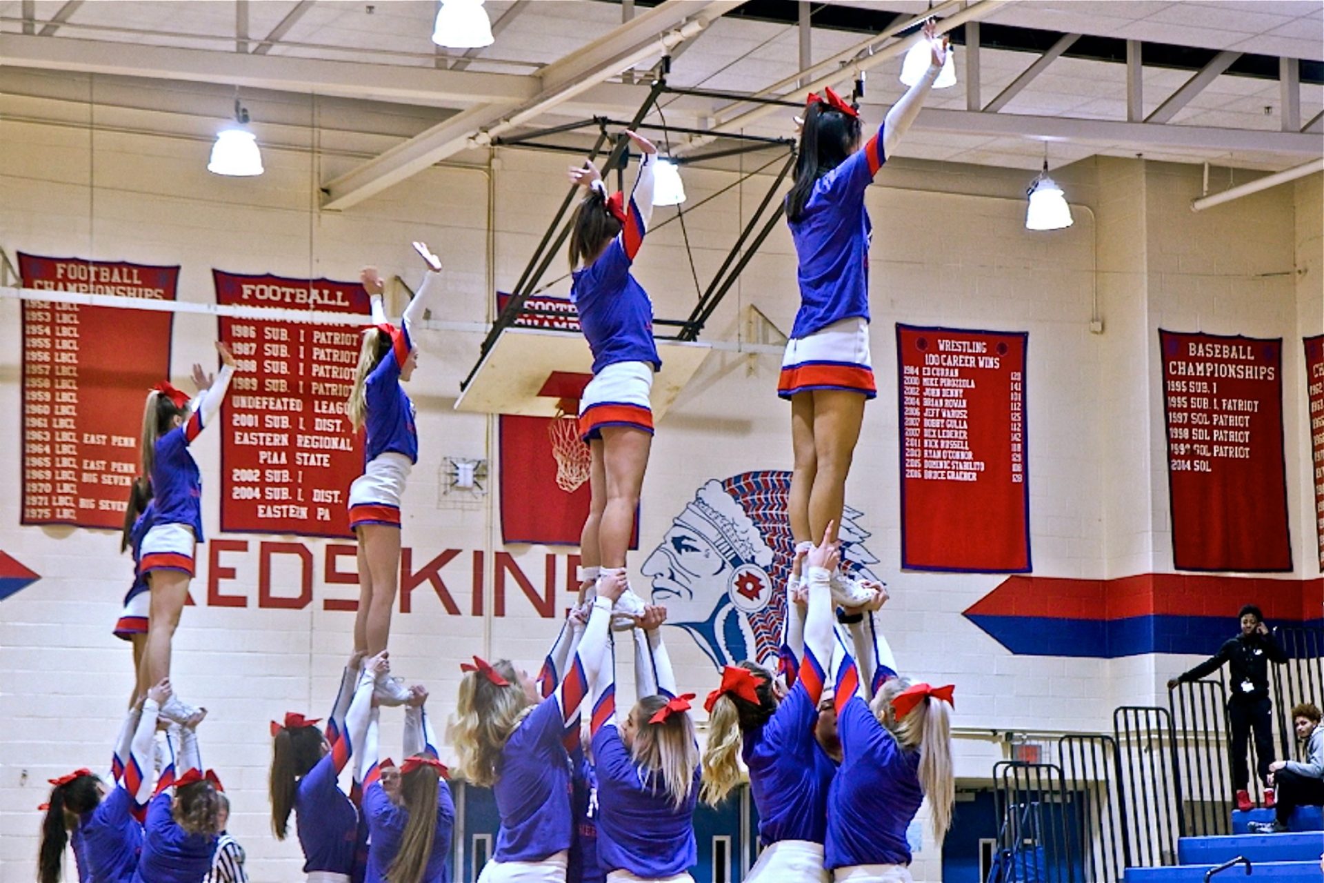 Cheerleaders perform at a Nesahminy Redskins basketball game January 15, 2019.