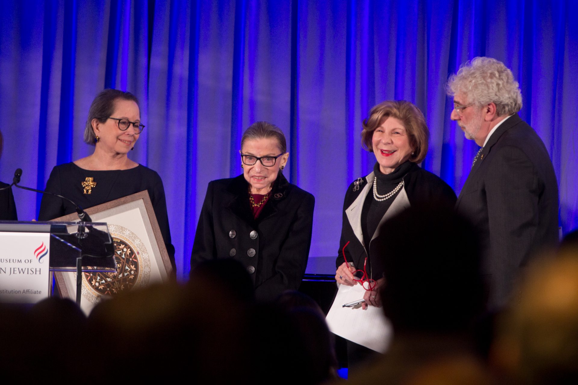 Supreme Court Justice Ruth Bader Ginsburg (second from left) on stage with former Pa. State Rep. Constance Williams, (left), NPR Legal Affairs Correspondent Nina Totenbeg, (second from right) and Misha Halperin, Interim CEO of the National Museum of Jewish History.