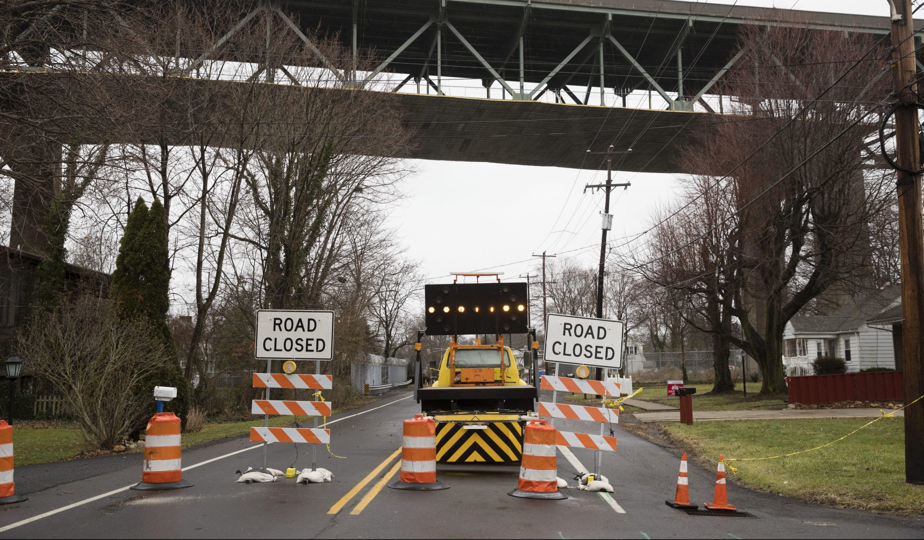 FILE PHOTO: A road passing beneath the Delaware River Bridge is barricaded in Bristol, Pa., Monday, Jan. 23, 2017.