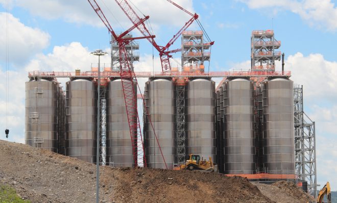 These tanks, shown here in June 2019, will hold the plastic pellets produced by Shell’s ethane cracker. According to Shell, 1.6 million metric tons of plastic will be produced there annually.  