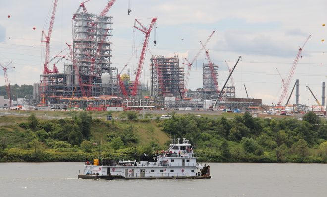 Shell's ethane cracker plant, under construction in June 2019, is seen from the Ohio River.