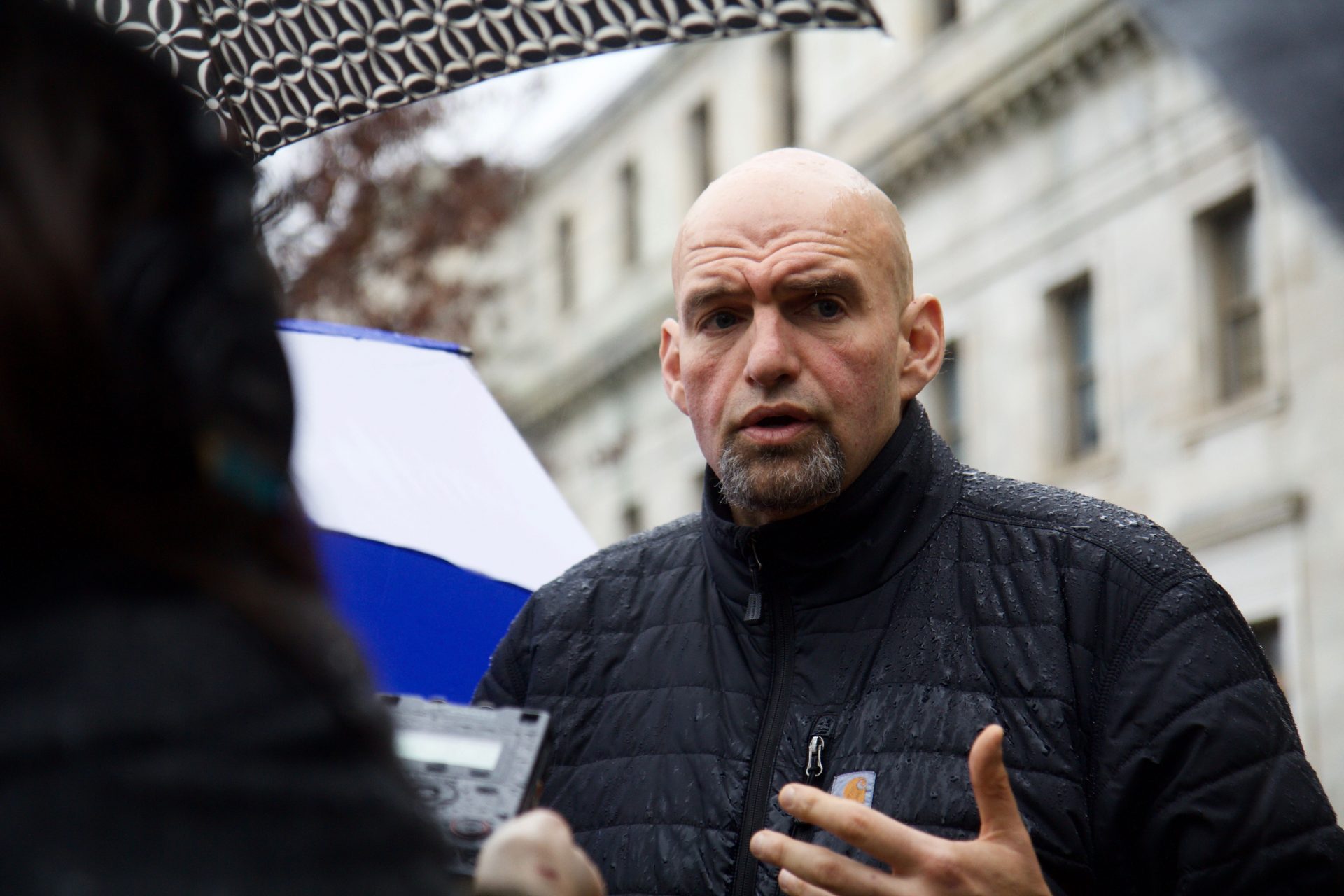 Pa. Lieutenant Governor John Fetterman speaks to the press after Sheppard’s hearing. 