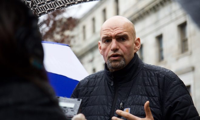 Pa. Lieutenant Governor John Fetterman speaks to the press after Sheppard’s hearing. 