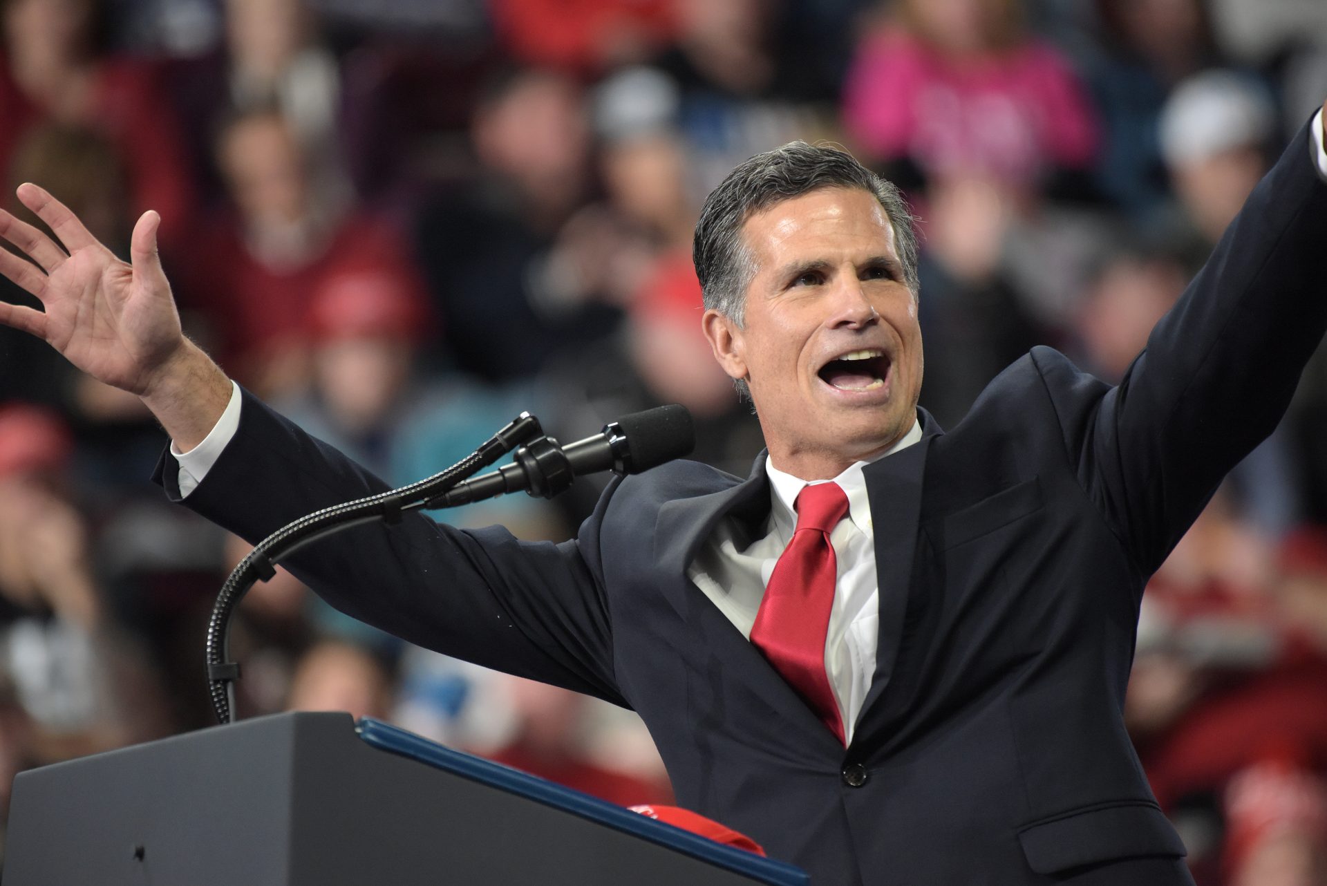 FILE PHOTO: U.S Representative in Pennsylvania's 9th congressional district Dan Meuser speaks during a 2020 campaign rally Dec. 10, 2019, at the Giant Center in Hershey, Pennsylvania.