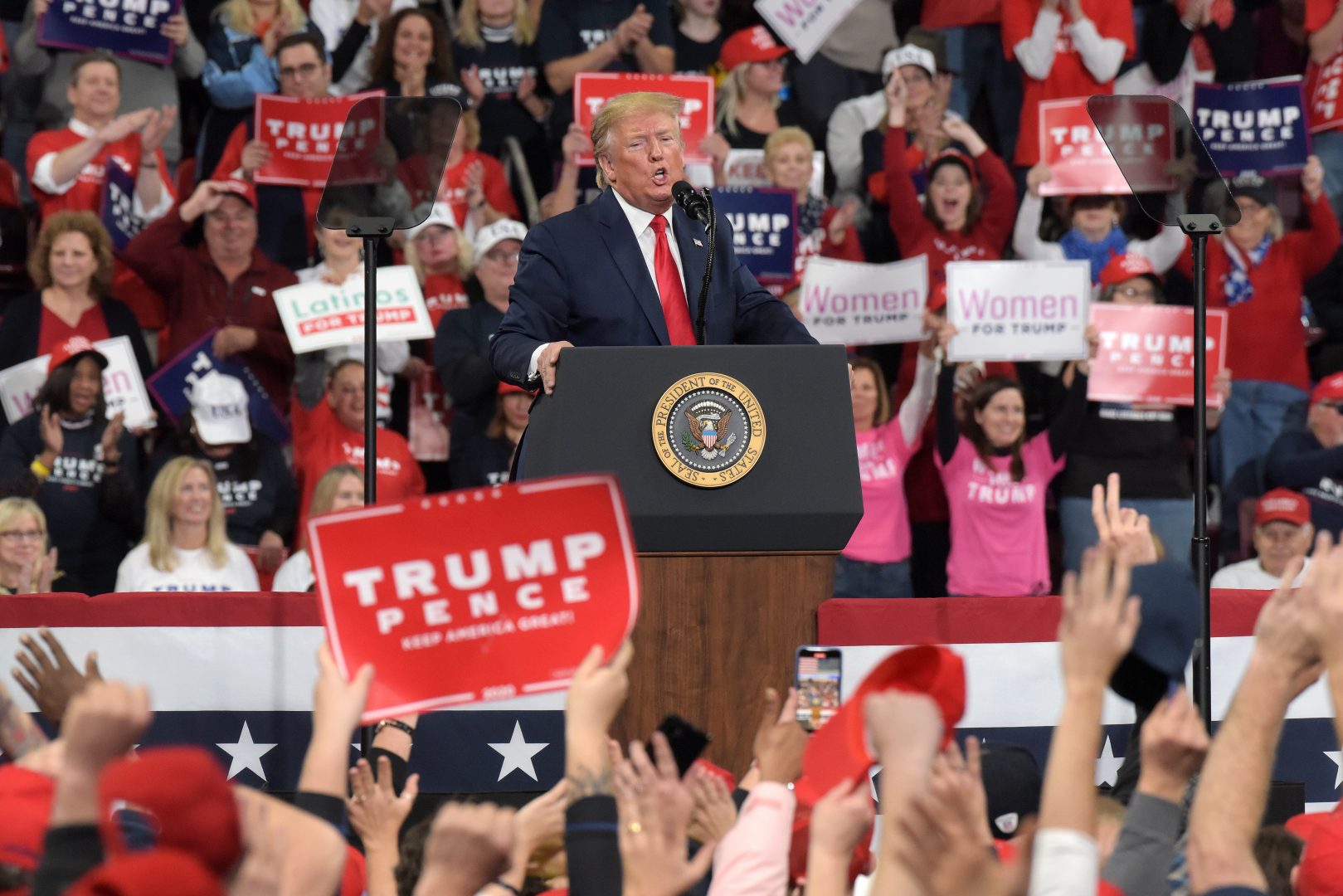 President Donald Trump speaks during a 2020 campaign rally Dec. 10, 2019, at the Giant Center in Hershey, Pennsylvania. (Matt Smith for WITF/PA Post)