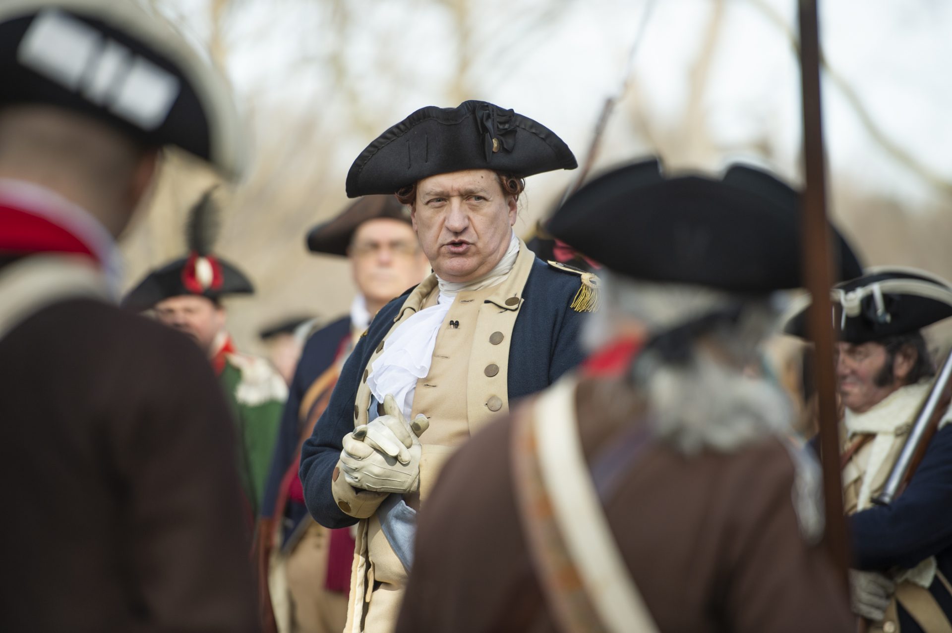 George Washington portrayed by John Godzieba addresses the troops.