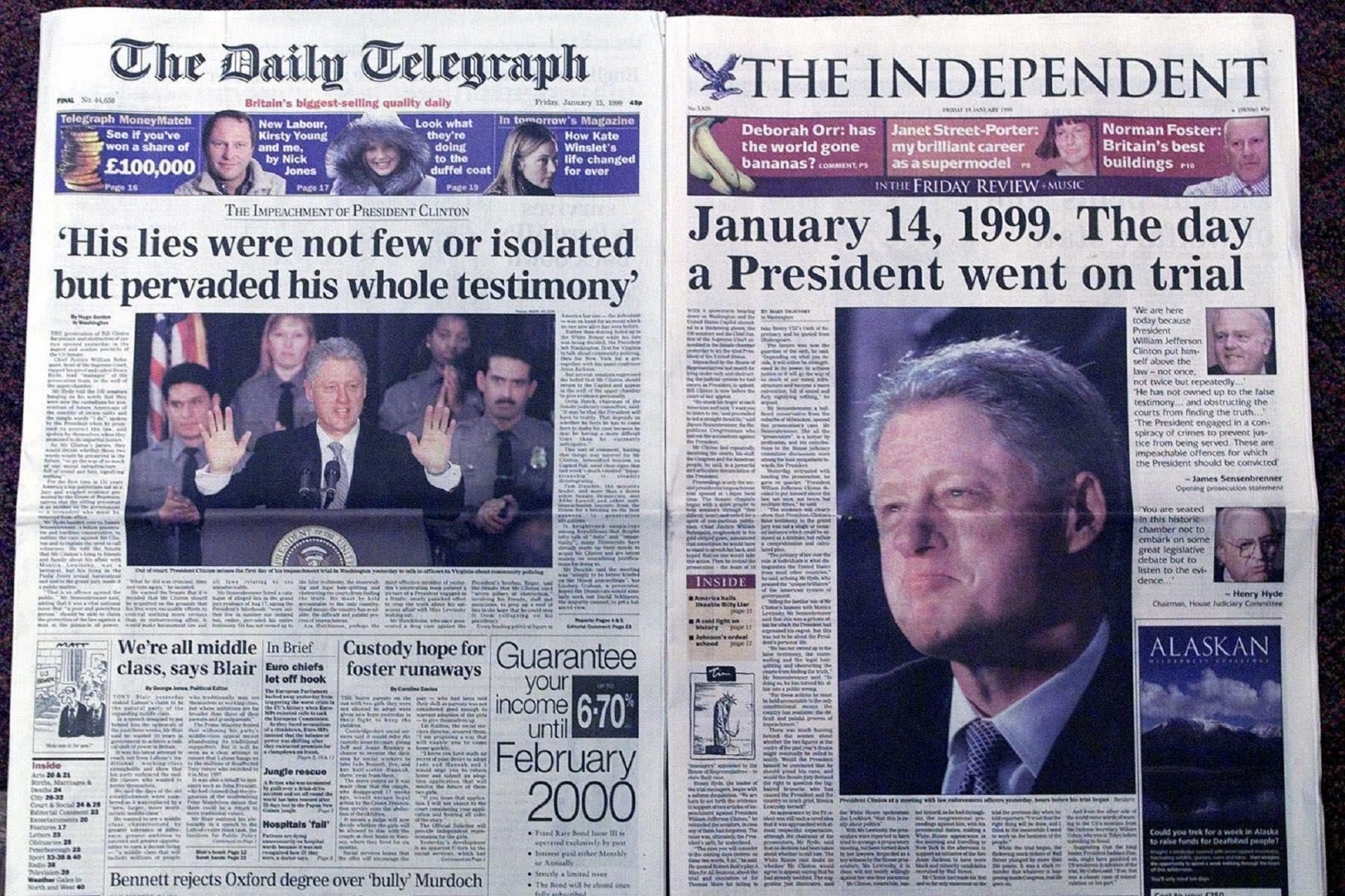 Two of London's premier broadsheet newspapers, of Friday January 15, 1999, devote nearly all their front pages to the Impeachment trial of President Clinton which began in Washington on Thursday.