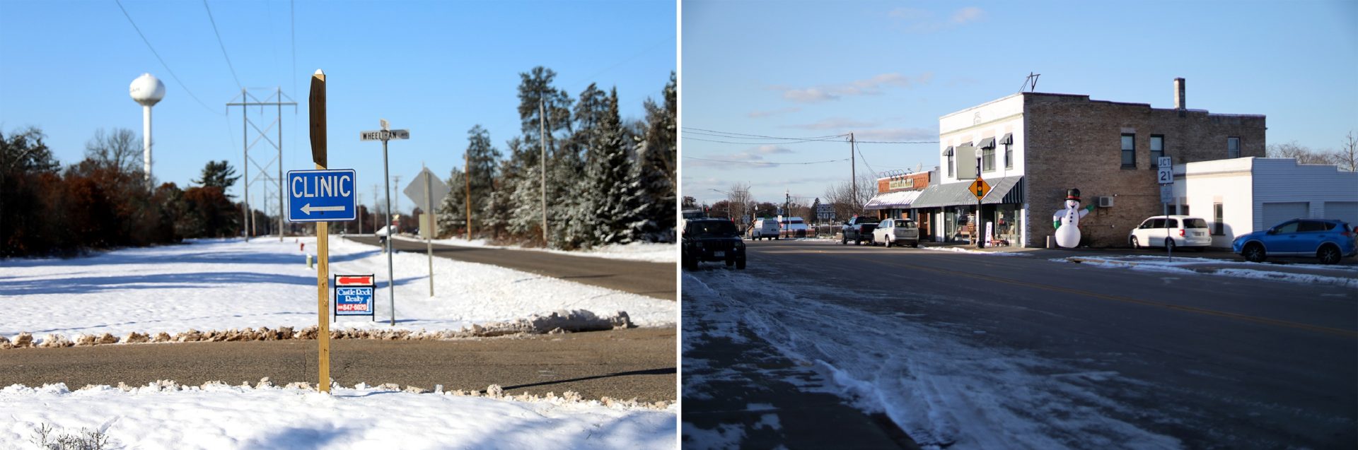 Left: A sign points the way to the Necedah Family Medical Center. Right: Downtown Necedah, Wis.