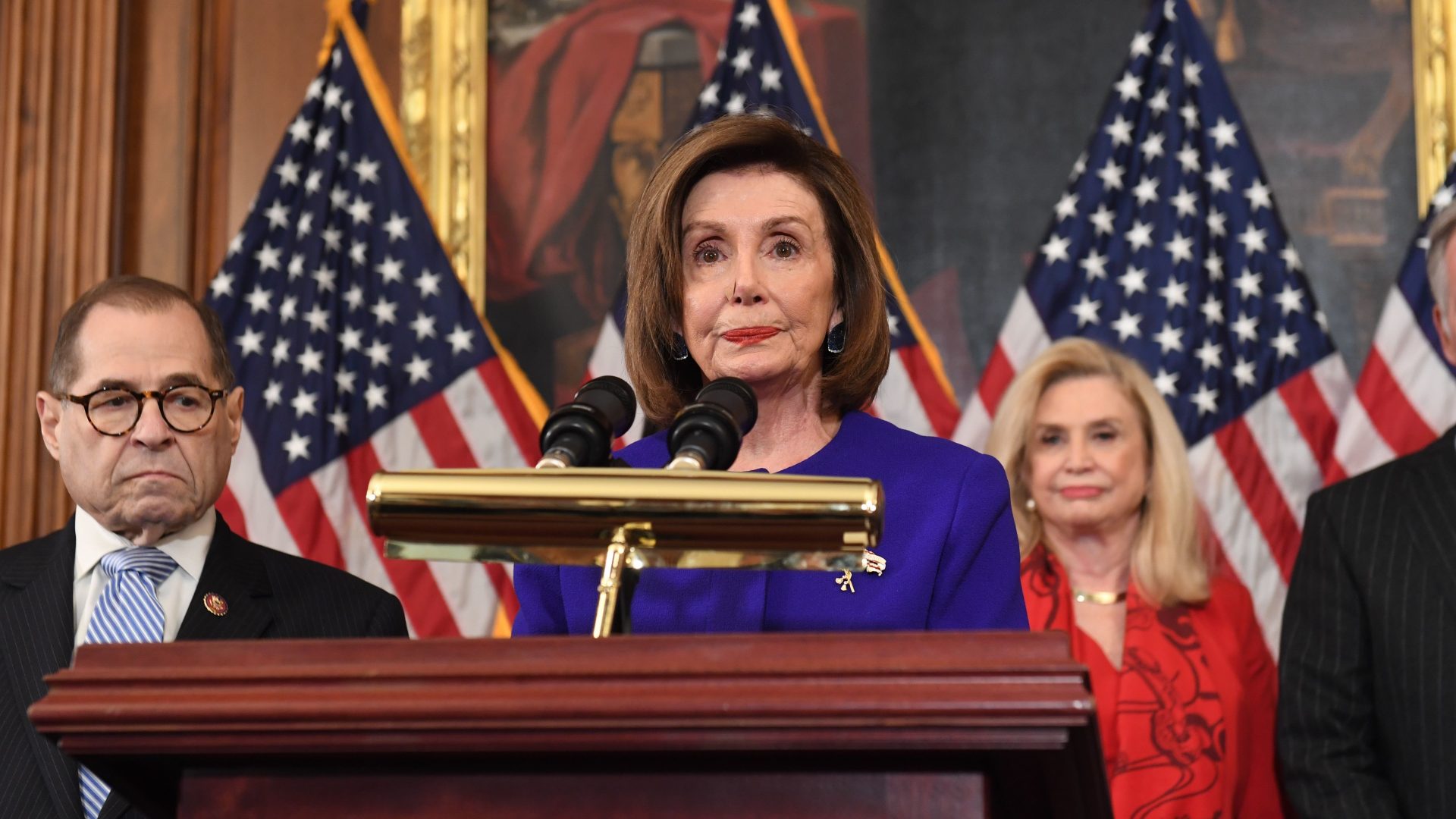 House Speaker Nancy Pelosi and the chairs of investigative committees announce the articles of impeachment against President Trump on Tuesday.