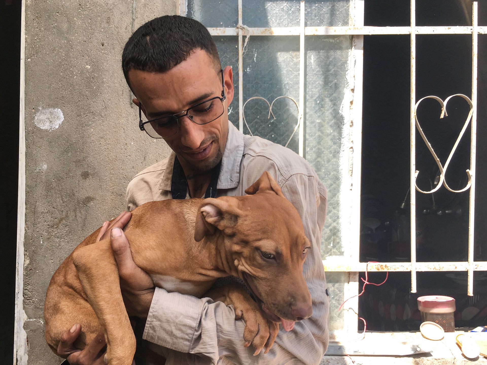 Naser al-Shimary cuddles his dog. "She is all the friends and family I have here," he says. Shimary says people in his neighborhood tell him dogs are religiously unclean. He is afraid she will be poisoned.
