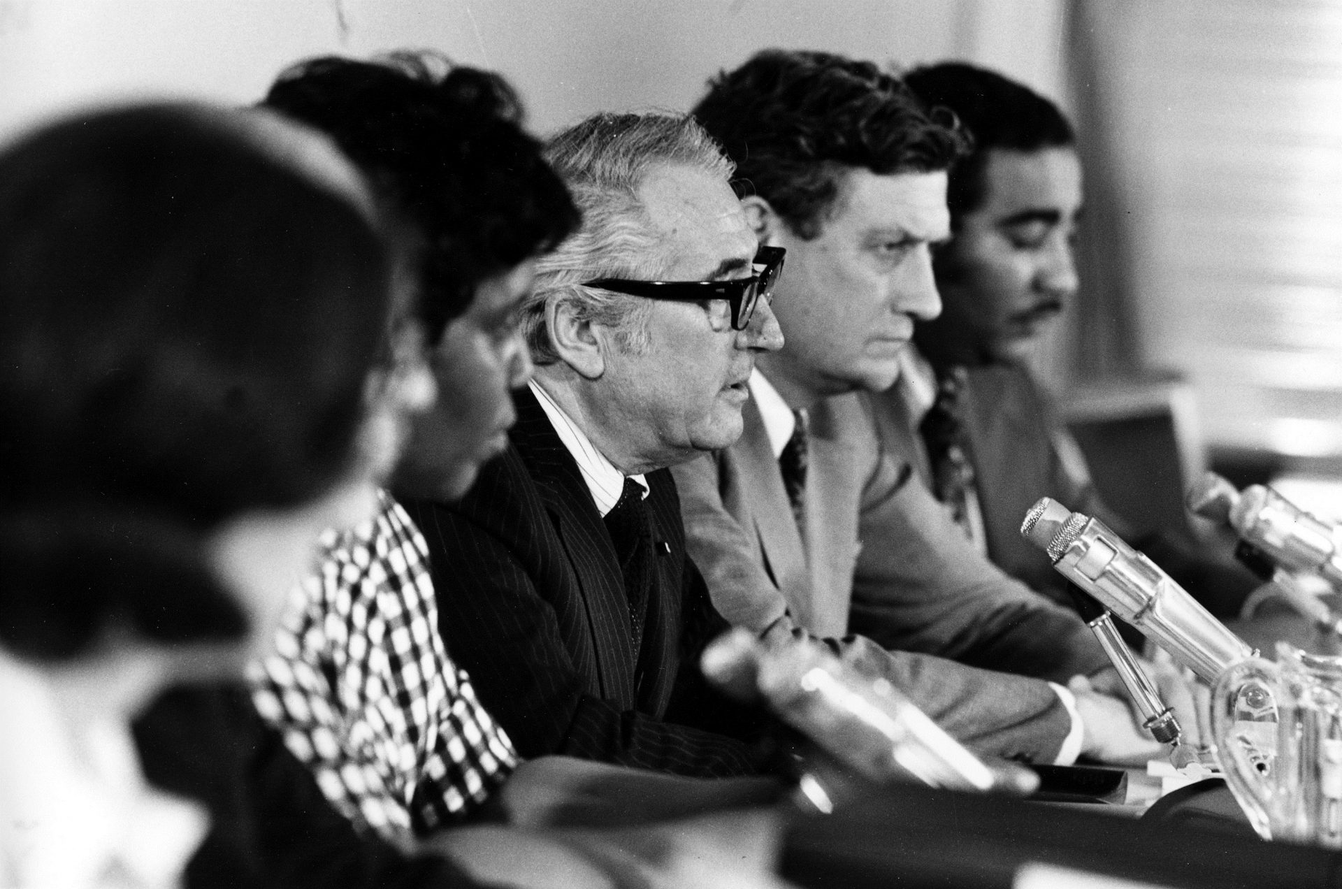 FILE PHOTO: Rep. Peter Rodino, D-N.J., chairman of the U.S. House of Representatives Judiciary Committee, reports on Thursday's public hearing session to review impeachment of President Nixon during a Capitol Hill news conference in Washington, D.C., Friday, May 17, 1974. At right is majority counsel John Doar. At left is committee member Barbara Jordan, D-Texas. 