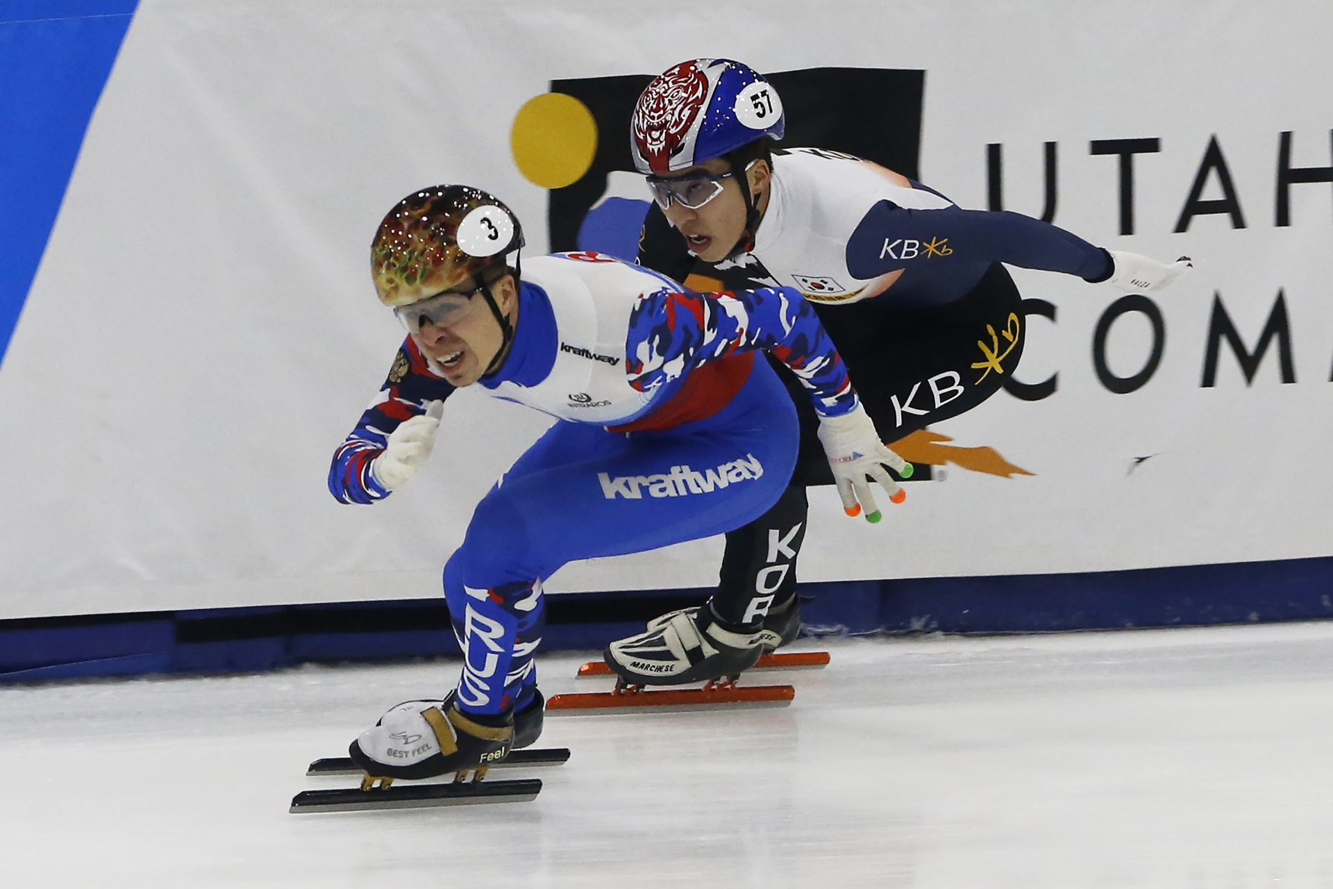 Russia's Semen Elistratov, left, competes with South Korea's Park Ji Won, right during the finals of the men's 5000 meter relay at a World Cup short track speed-skating event at the Utah Olympic Oval on Sunday, Nov. 3, 2019, in Kearns, Utah.