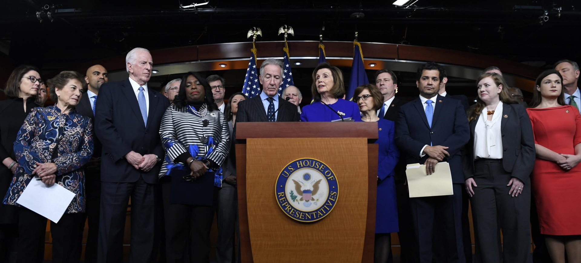House Speaker Nancy Pelosi of Calif., accompanied by House Ways and Means Committee Chairman Richard Neal, D-Mass., speaks at a news conference on Capitol Hill in Washington, Tuesday, Dec. 10, 2019, on Capitol Hill in Washington.