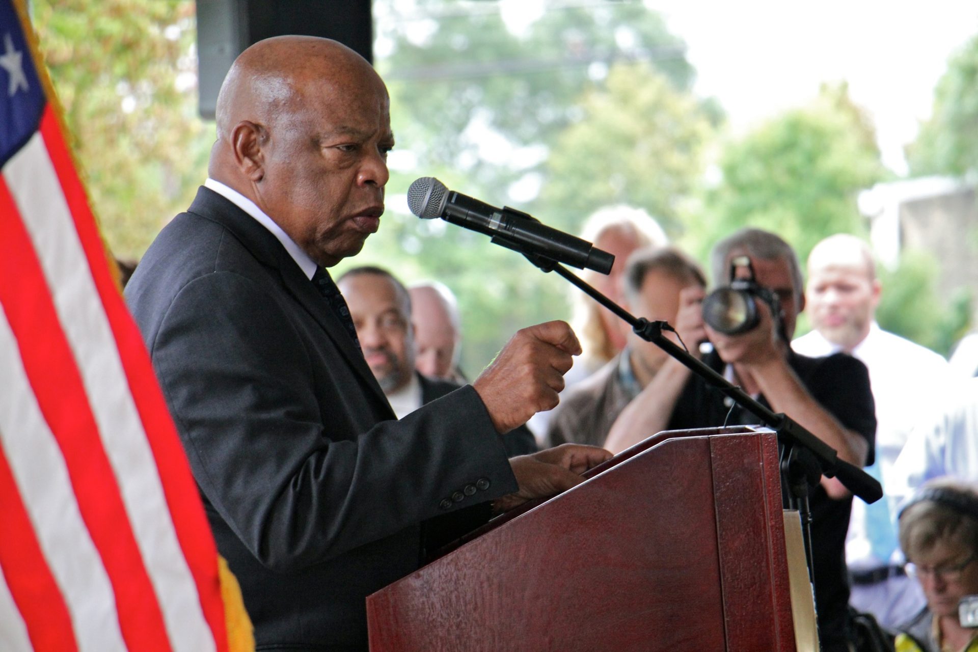 Congressman John Lewis speaks outside a Camden home where Martin Luther King once lived on Sept. 19, 2016.