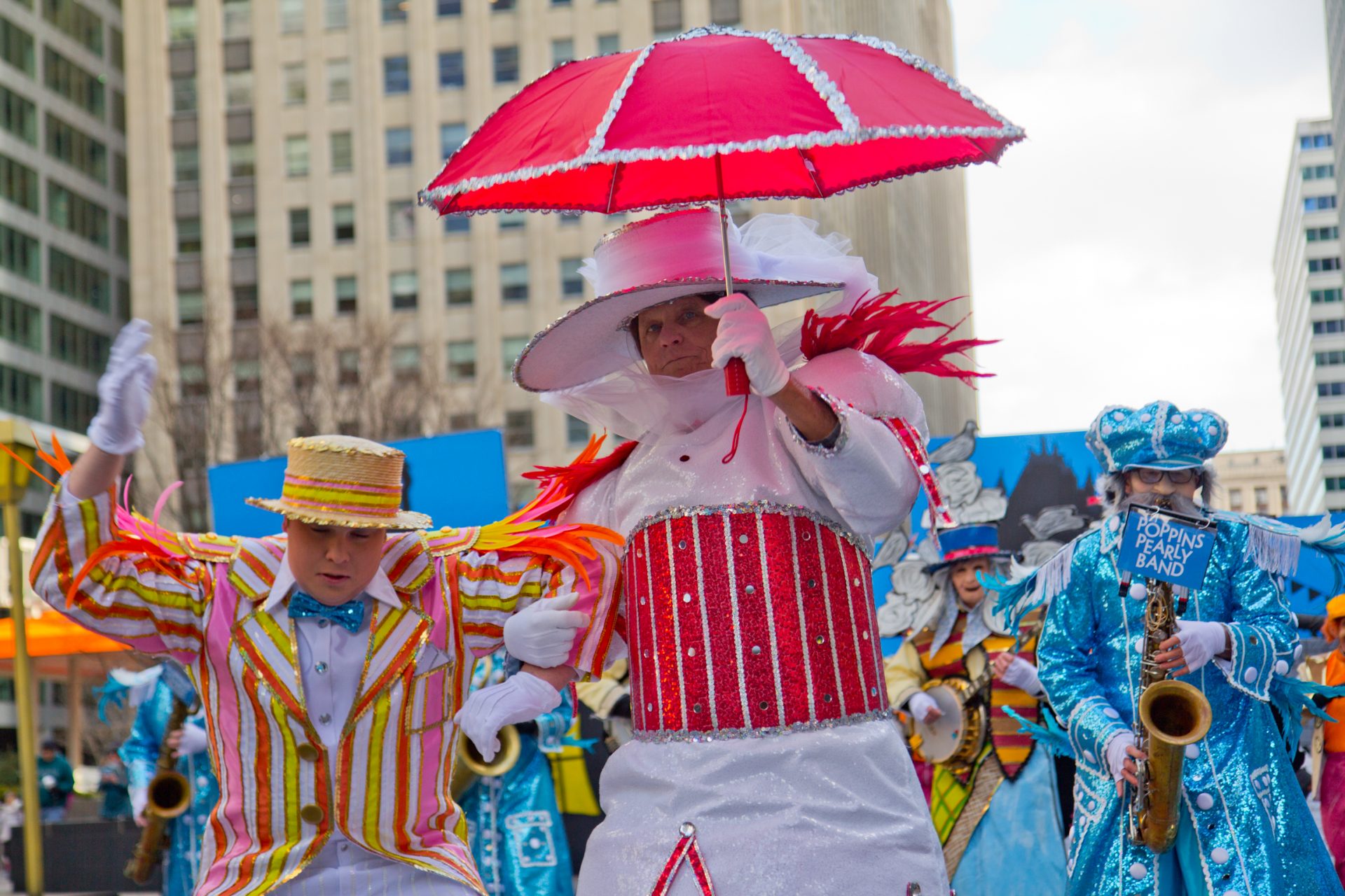 Jimmy Driadon, captain of the Greater Overbook String Band celebrate’s his 70th parade dressed up as Mary Poppins.