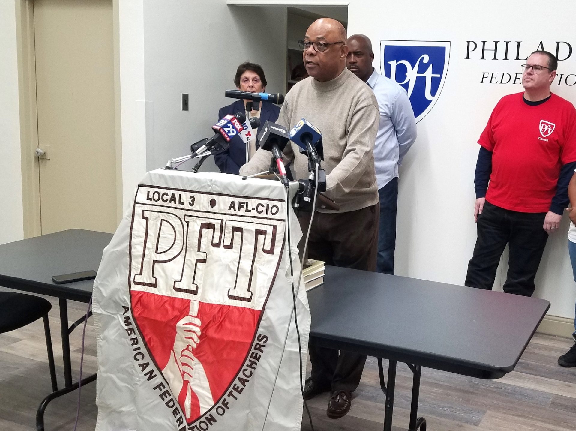 Jerry Jordan, president of the Philadelphia Federation of Teachers, announces the union is taking legal action over hazardous conditions in the city’s schools on Jan. 20, 2019.